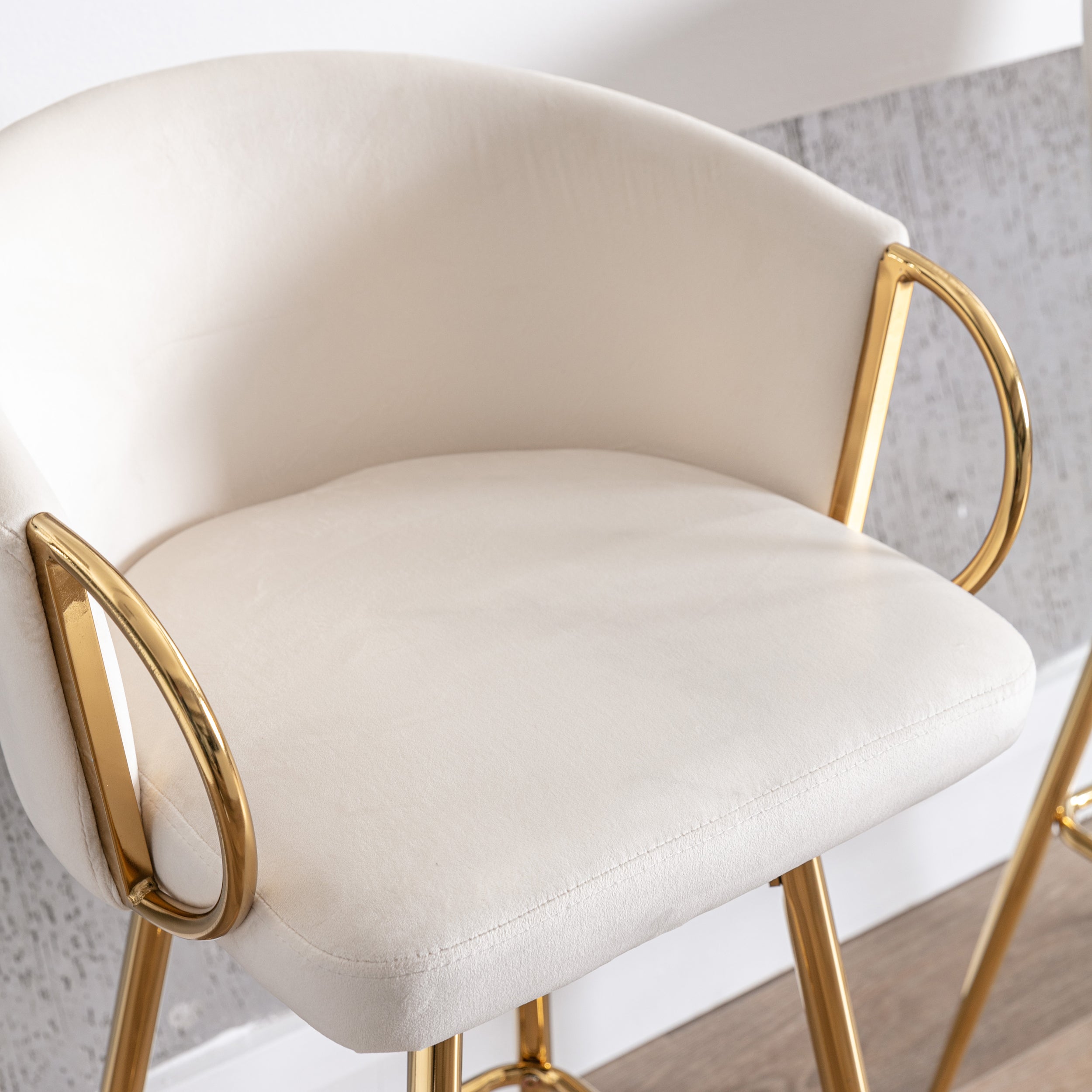 26 Inch Set of 2 Bar Stools, with Chrome Footrest and Base Velvet + Golden Leg Simple Bar Stool - Cream