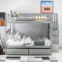 Full over Full Bunk Bed with Two Drawers and Storage - Gray