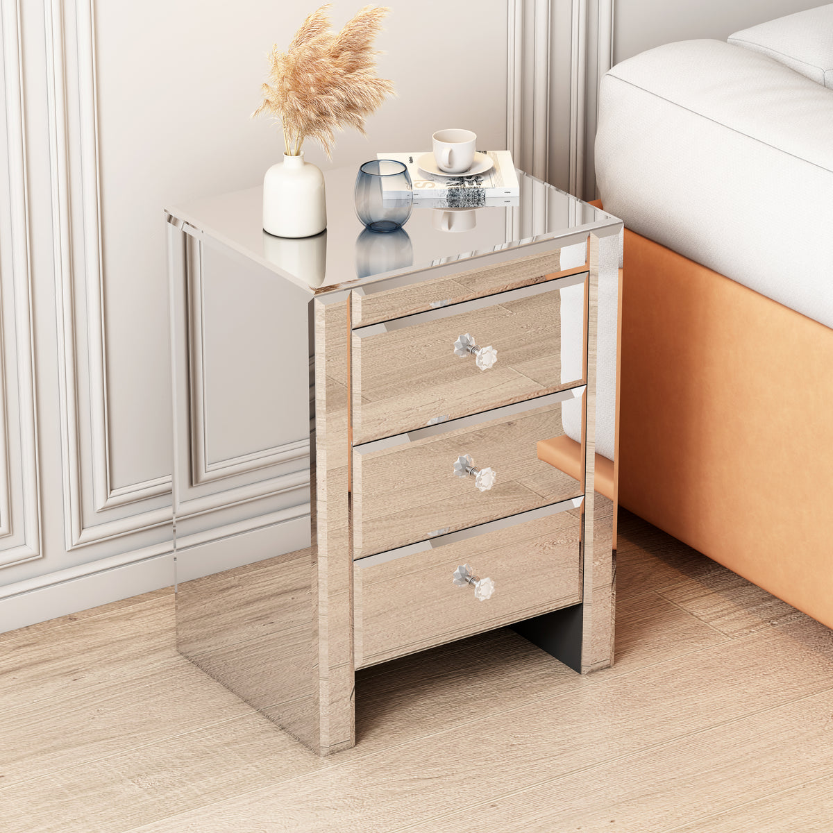 Modern Mirrored Nightstand with Drawers - Silver Glass