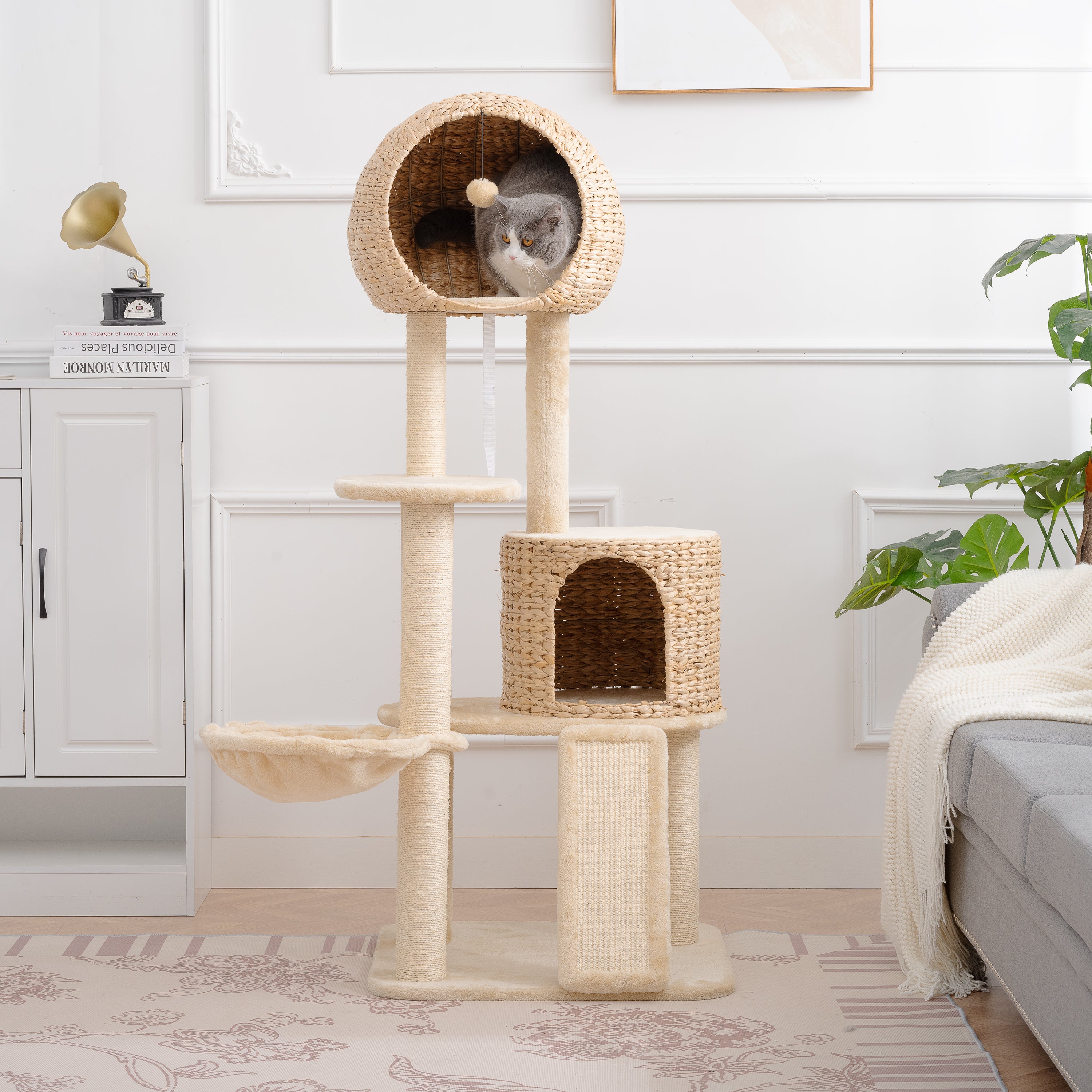 Cat Tree, 59-Inch Cat Tower for Indoor Cats, Plush Multi-Level Cat Condo with 2 Perches, 2 Caves, Cozy Basket and Scratching Board - Beige