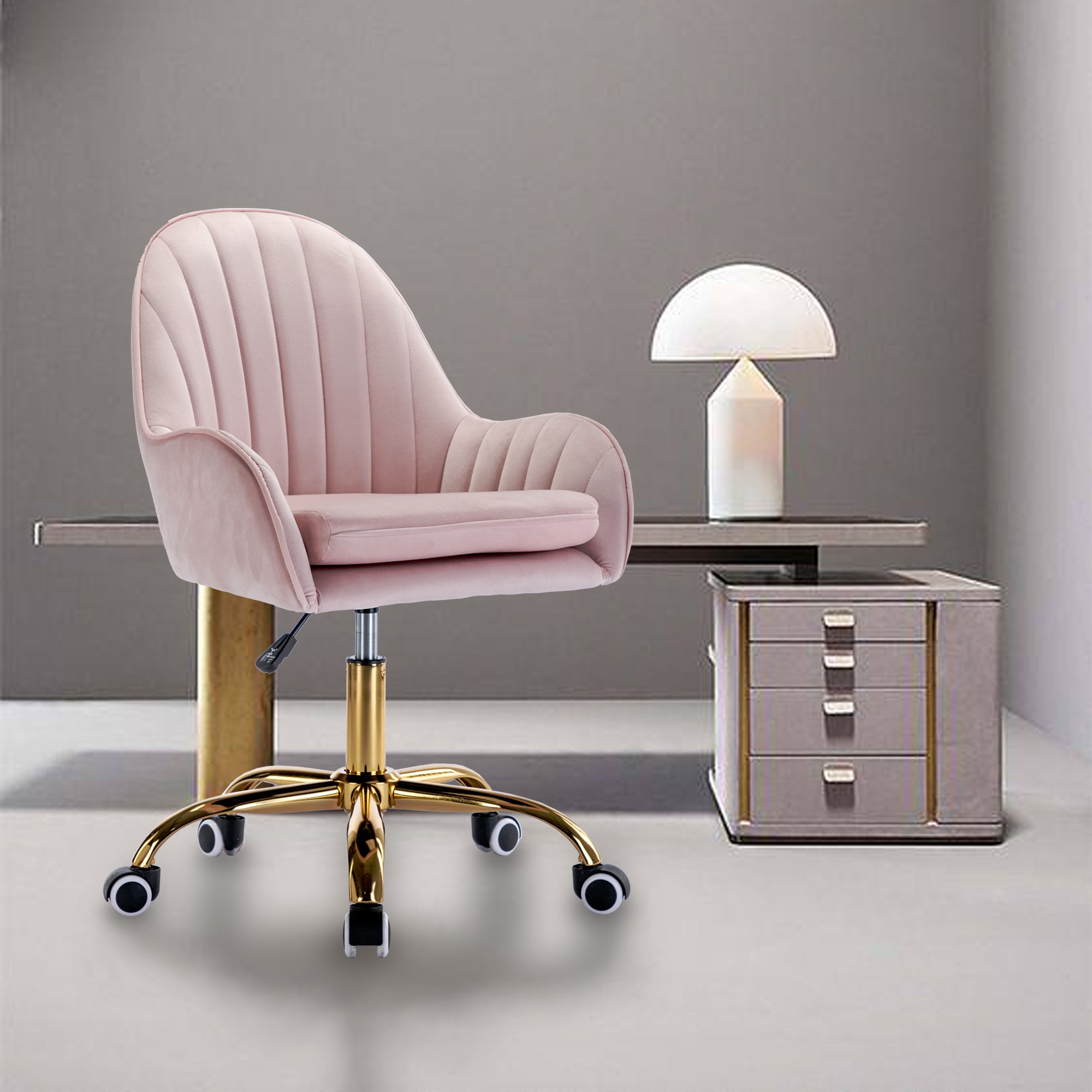 Velvet Home Office Chair with Wheels with Side Arms and Gold Metal Base - Pink