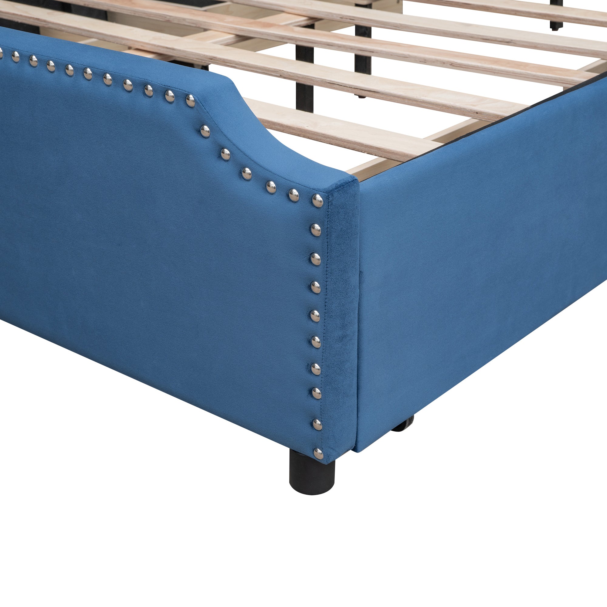 Queen Size Upholstered Bed with Stud Trim Headboard and Footboard and 4 Drawers - Velvet Blue