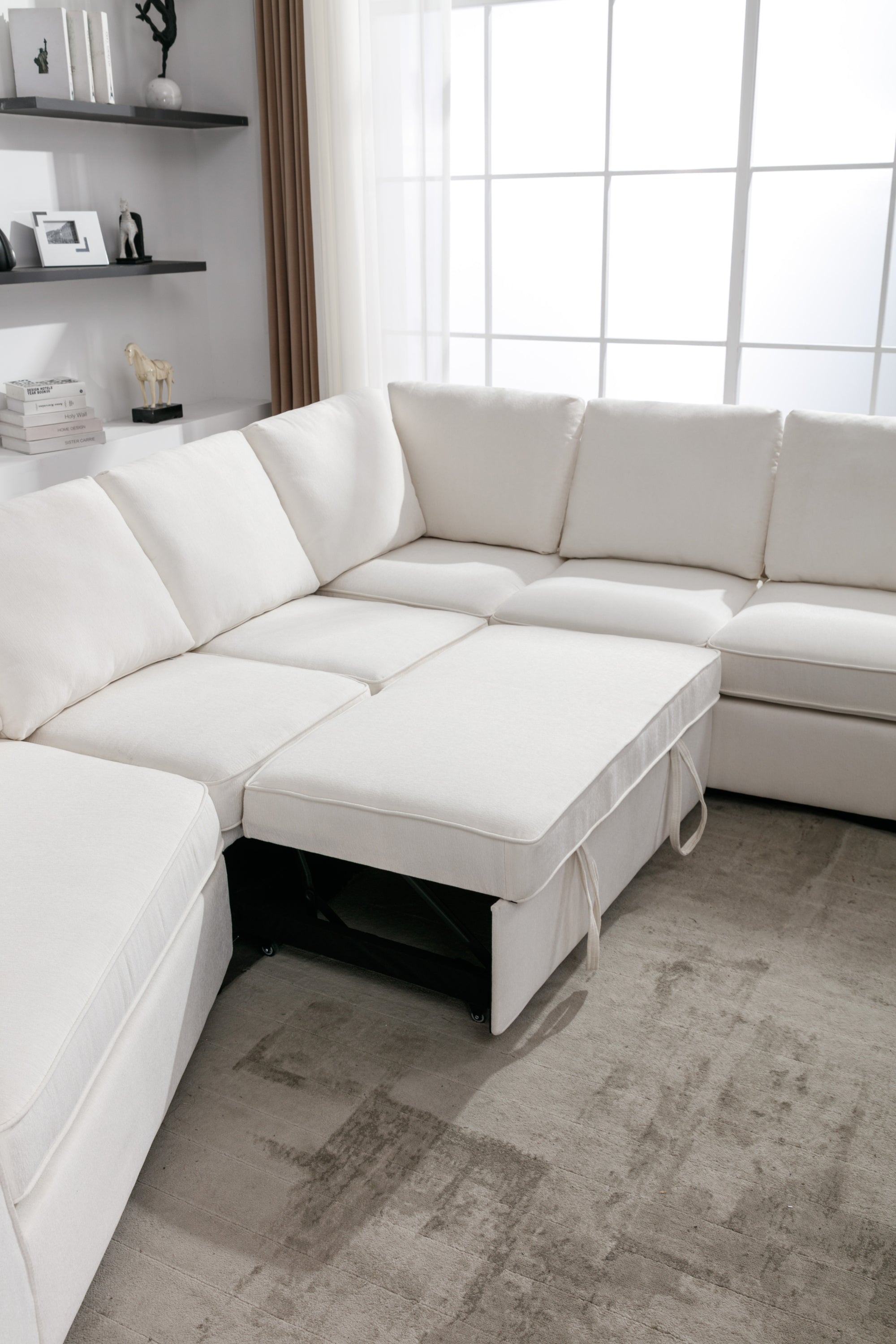 129.5" Sectional Sleeper Sofa with Pull-Out Bed Modern L-Shape Couch Bed with USB Charging Port - Beige