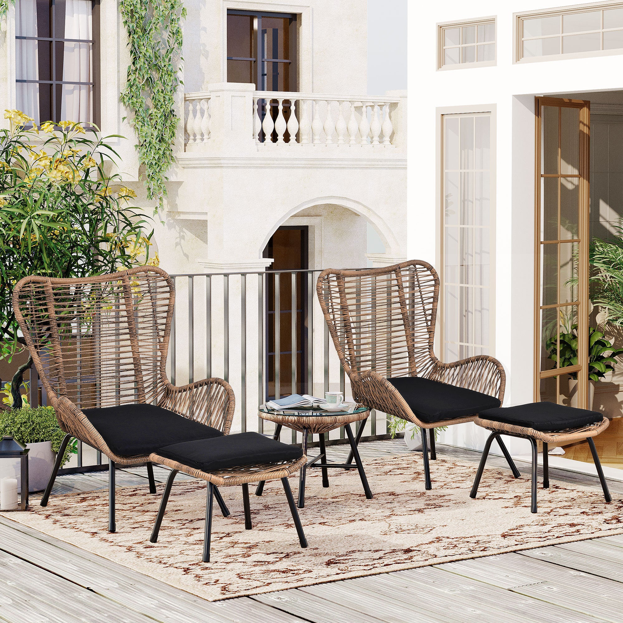 Outdoor Patio 5-Piece Rattan Conversation Set, PE Wicker Arm Chairs with Stools and Tempered Glass Tea Table - Natural Rattan + Dark Gray