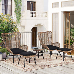 Outdoor Patio 5-Piece Rattan Conversation Set, PE Wicker Arm Chairs with Stools and Tempered Glass Tea Table - Natural Rattan + Dark Gray