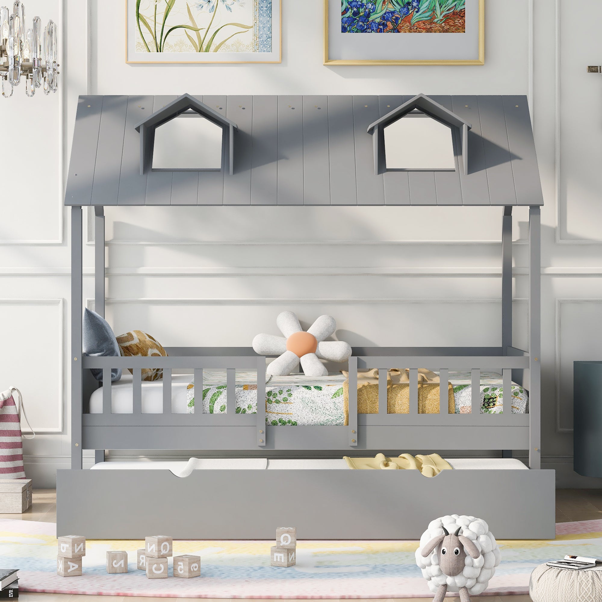 Twin Size House Wood Bed with Twin Size Trundle - Gray