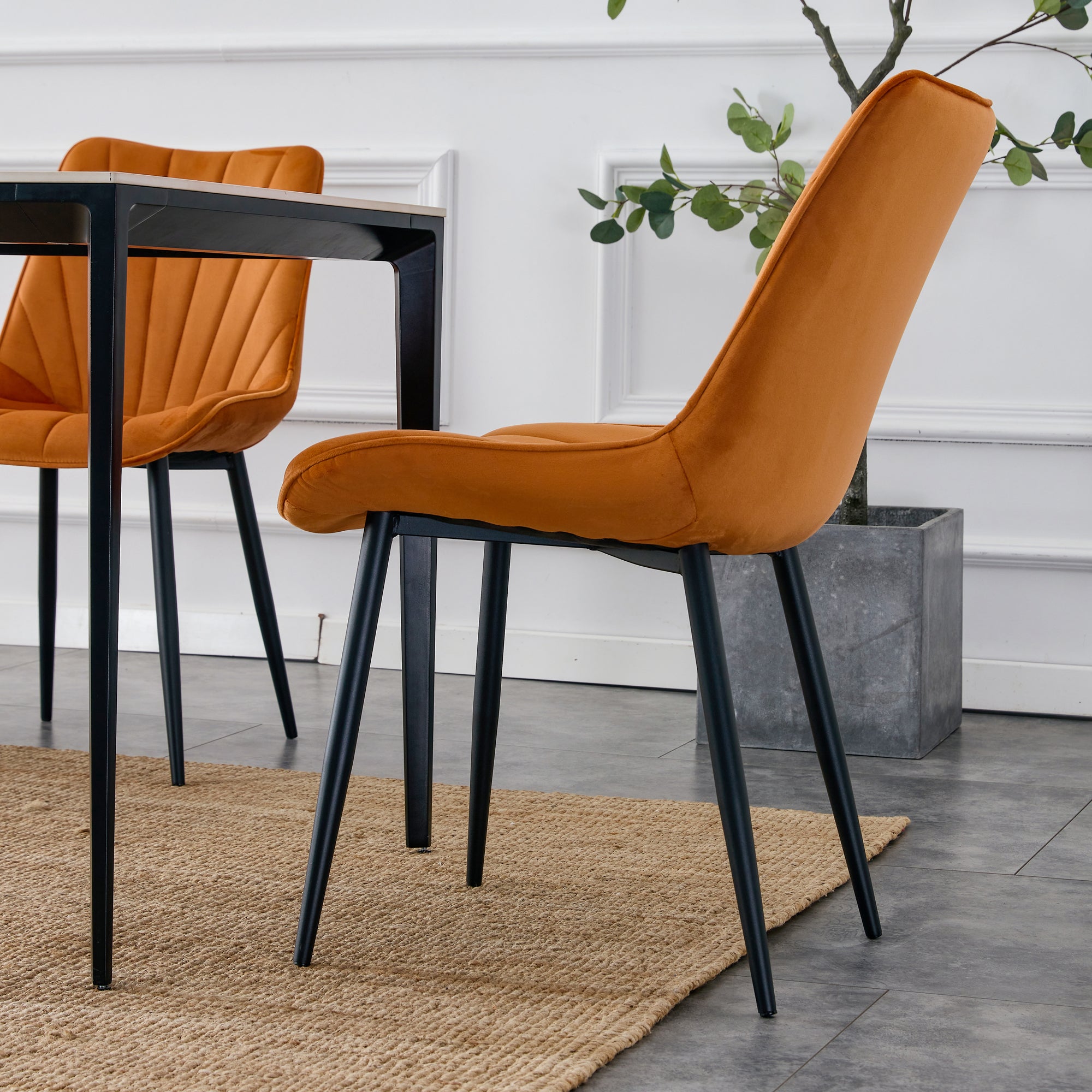 Modern Dining Chairs with Cushion Seat Back Black Coated Legs Upholstered Side Chair (Set of 4) - Orange