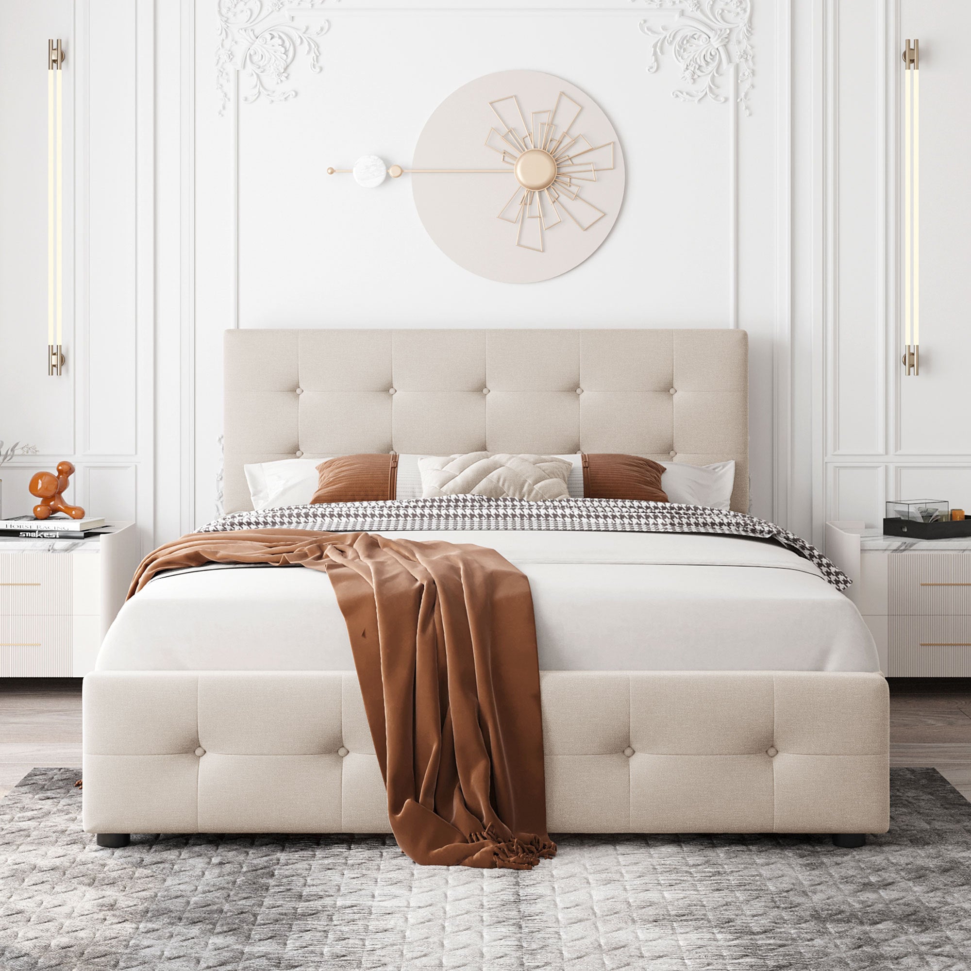 Queen Bed with Classic Headboard and 4 Drawers - Beige