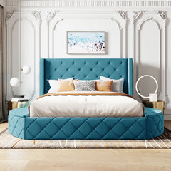 Queen Size Bed Storage with Wingback Headboard and 1 Big Drawer 2 Side Storage Stool - Velvet Blue