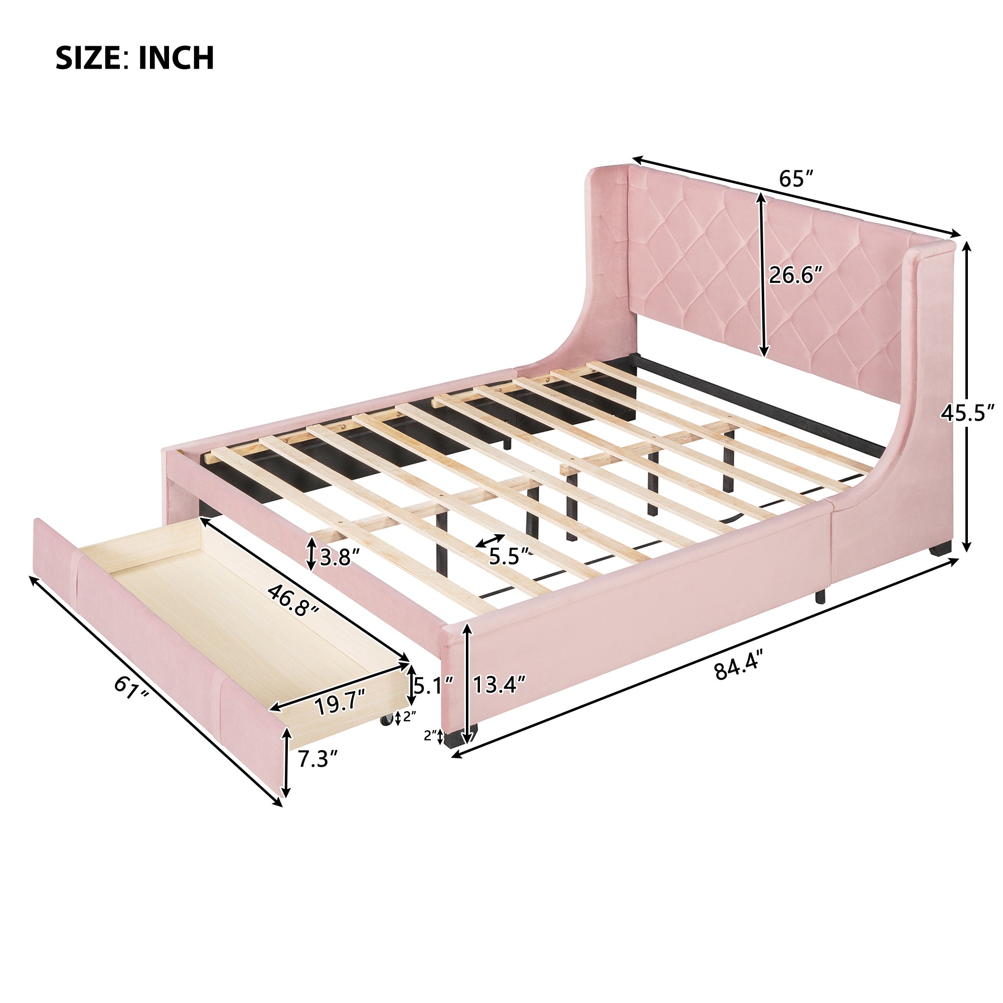 Queen Size Storage Bed Velvet Upholstered Platform Bed with Wingback Headboard and a Big Drawer - Pink