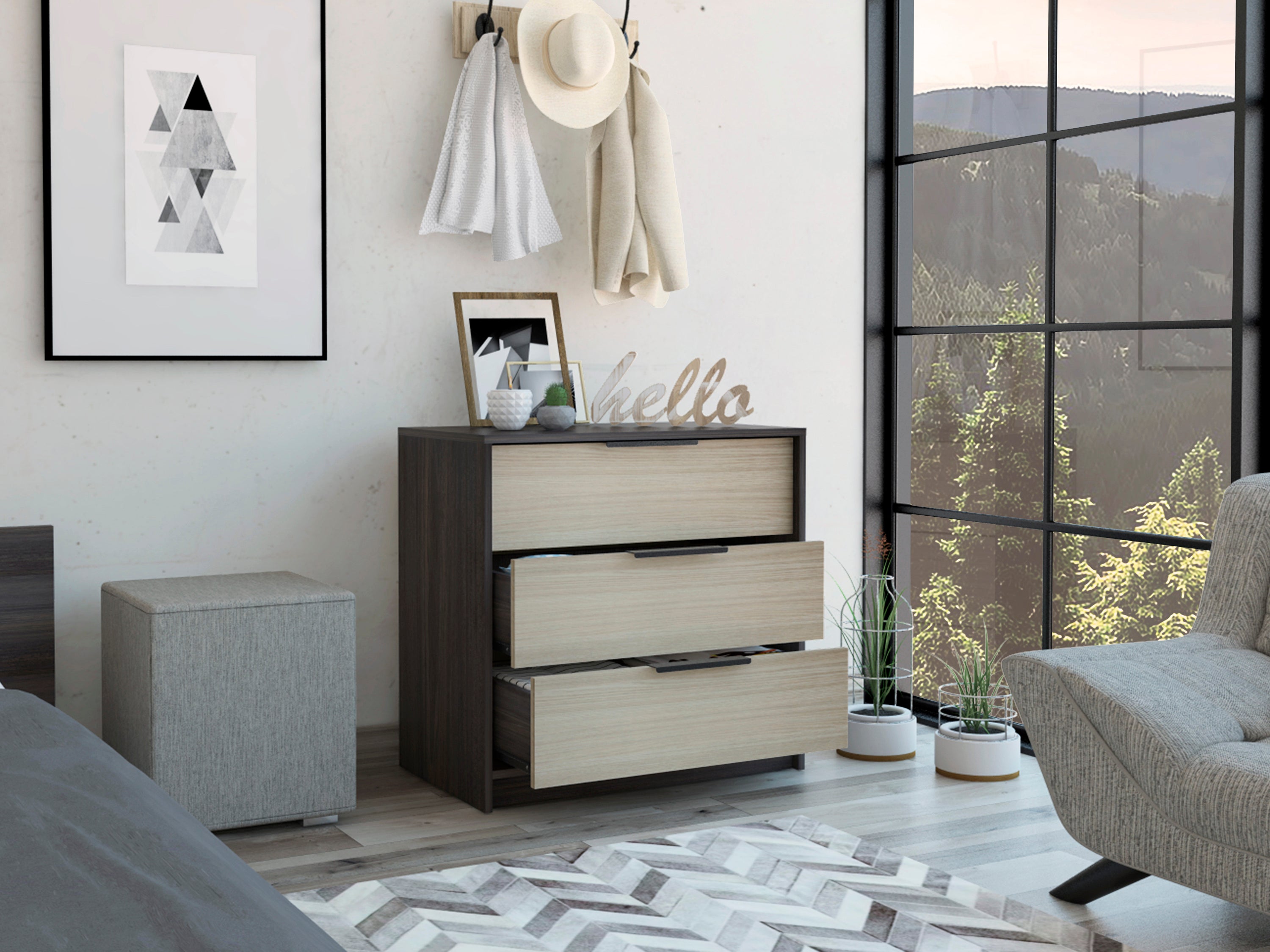 3-Drawer Rectangle Dresser - Black Wengue and Light Oak