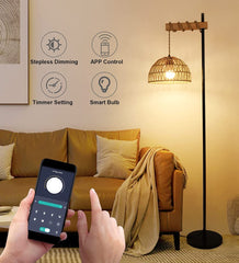 Smart Floor Lamp with Remote Control & APP, Tall Standing Lamp with Rattan Lampshade