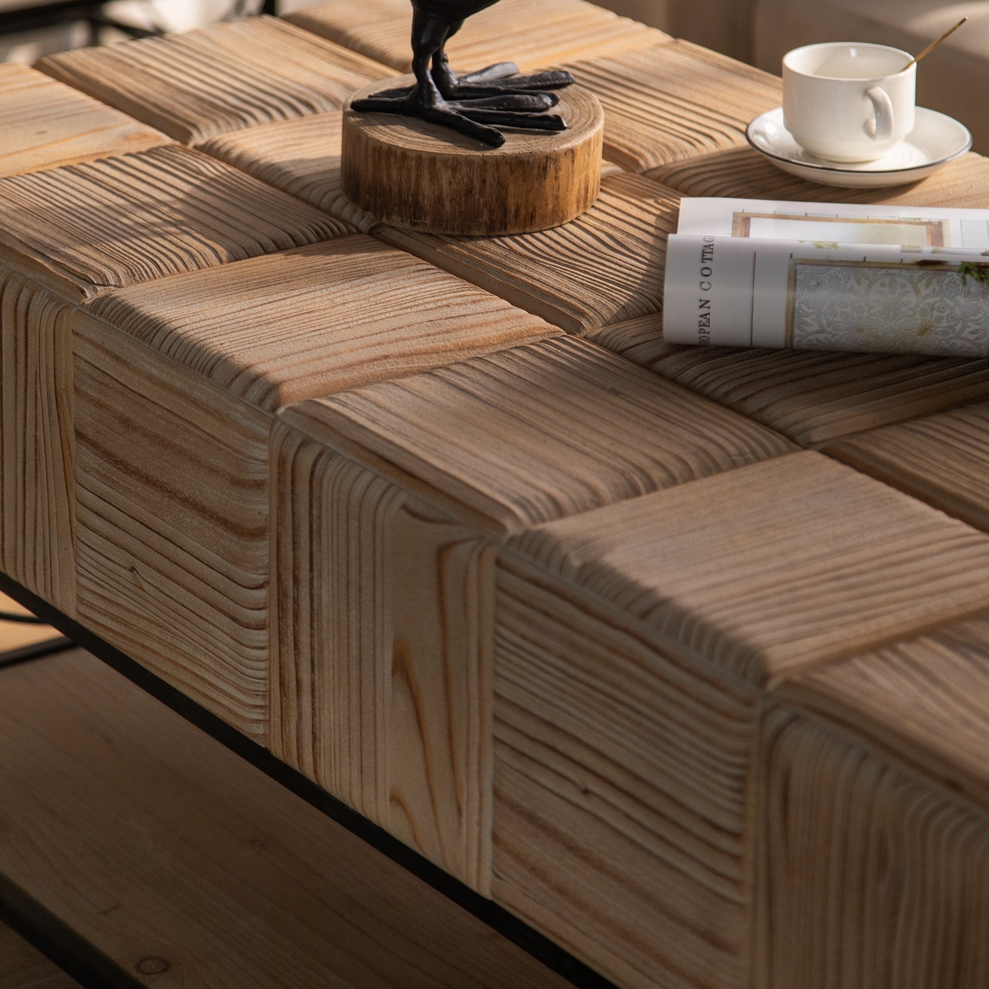 Small Grid Splicing Design Retro Square Coffee Table - Natural