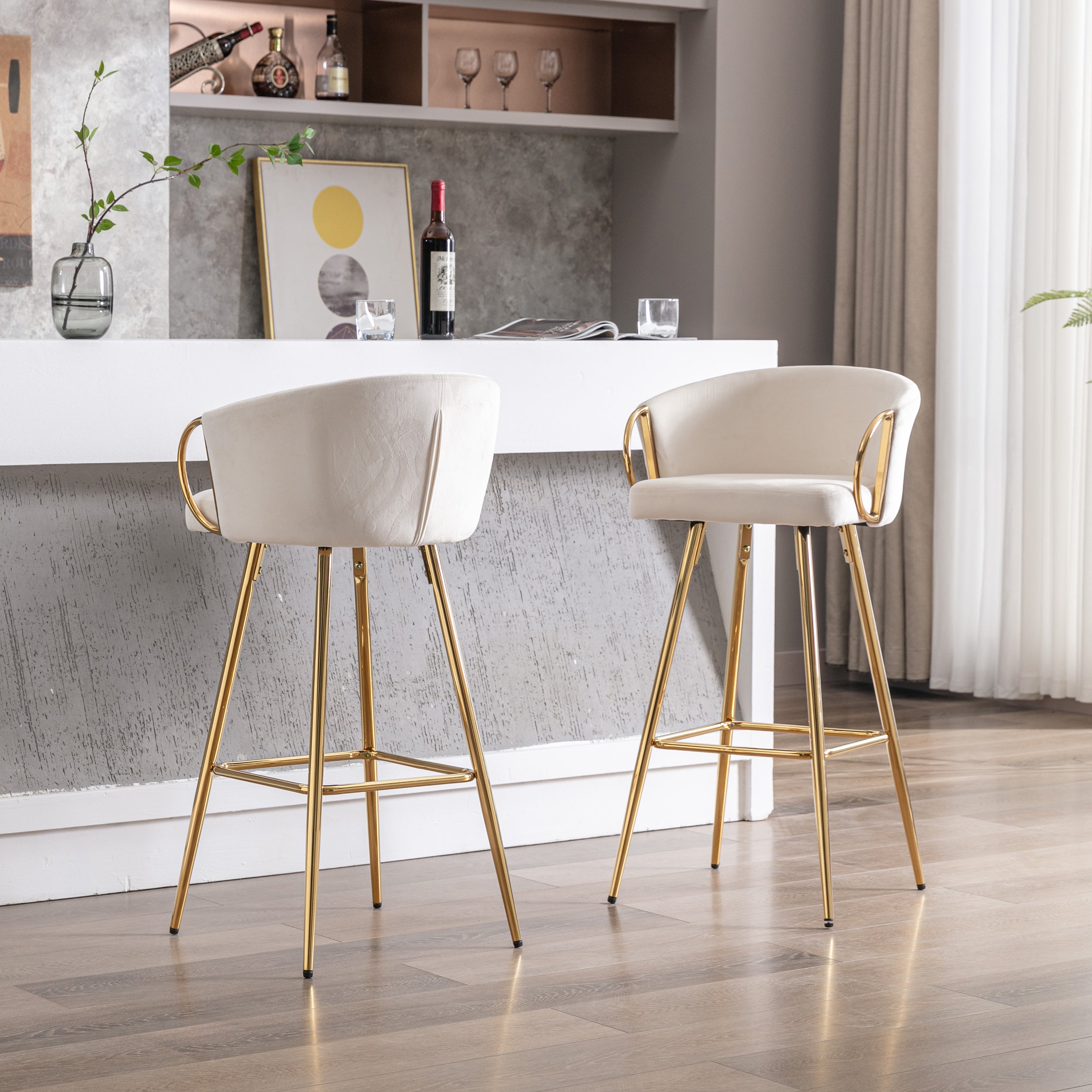 26 Inch Set of 2 Bar Stools, with Chrome Footrest and Base Velvet + Golden Leg Simple Bar Stool - Cream