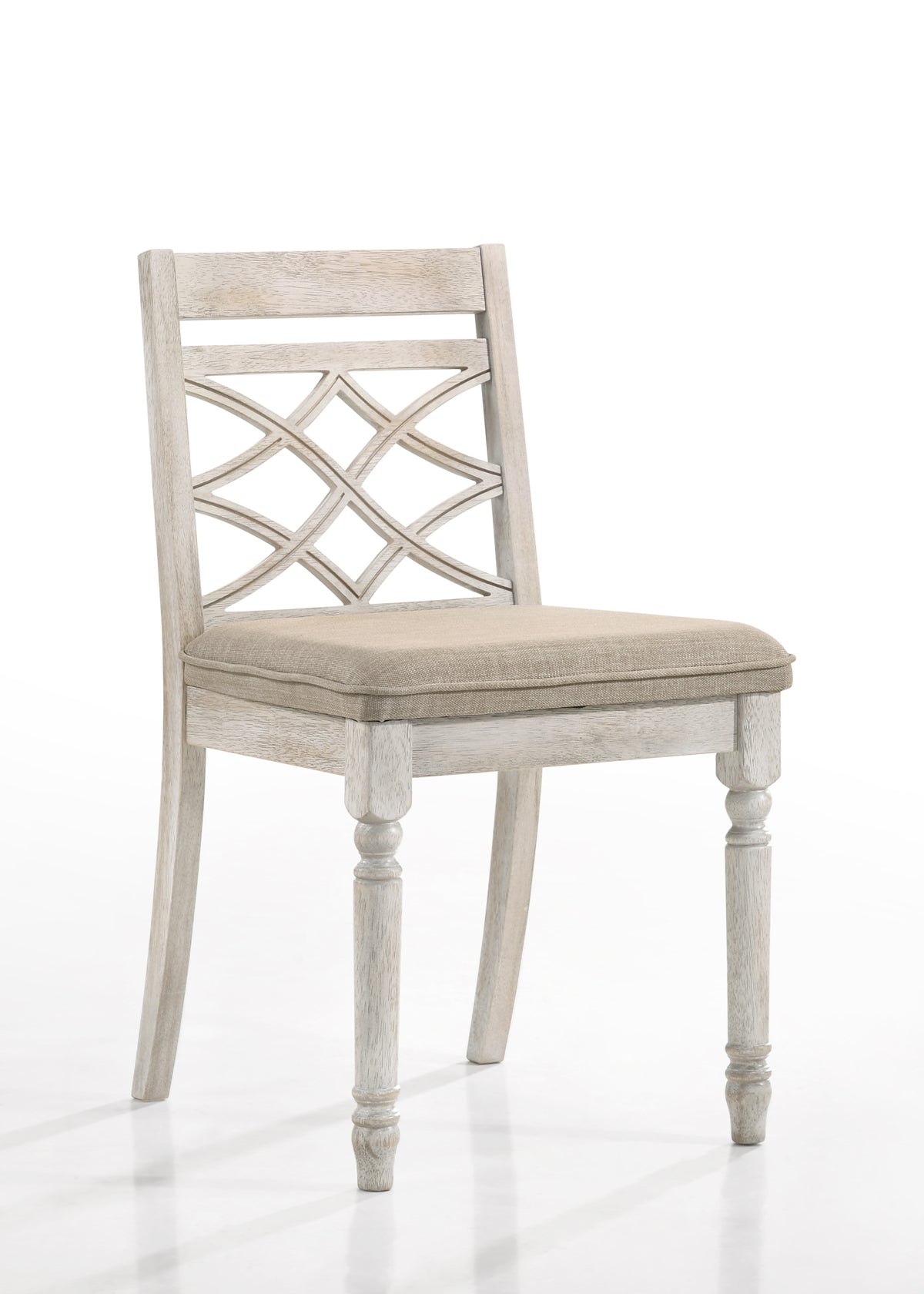 French Country Style Side Chair (Set-2) - Fabric & Antique White Finish