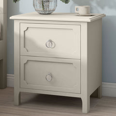 Milky White Rubber Wooden Nightstand Two Drawers Silver Metal Handles