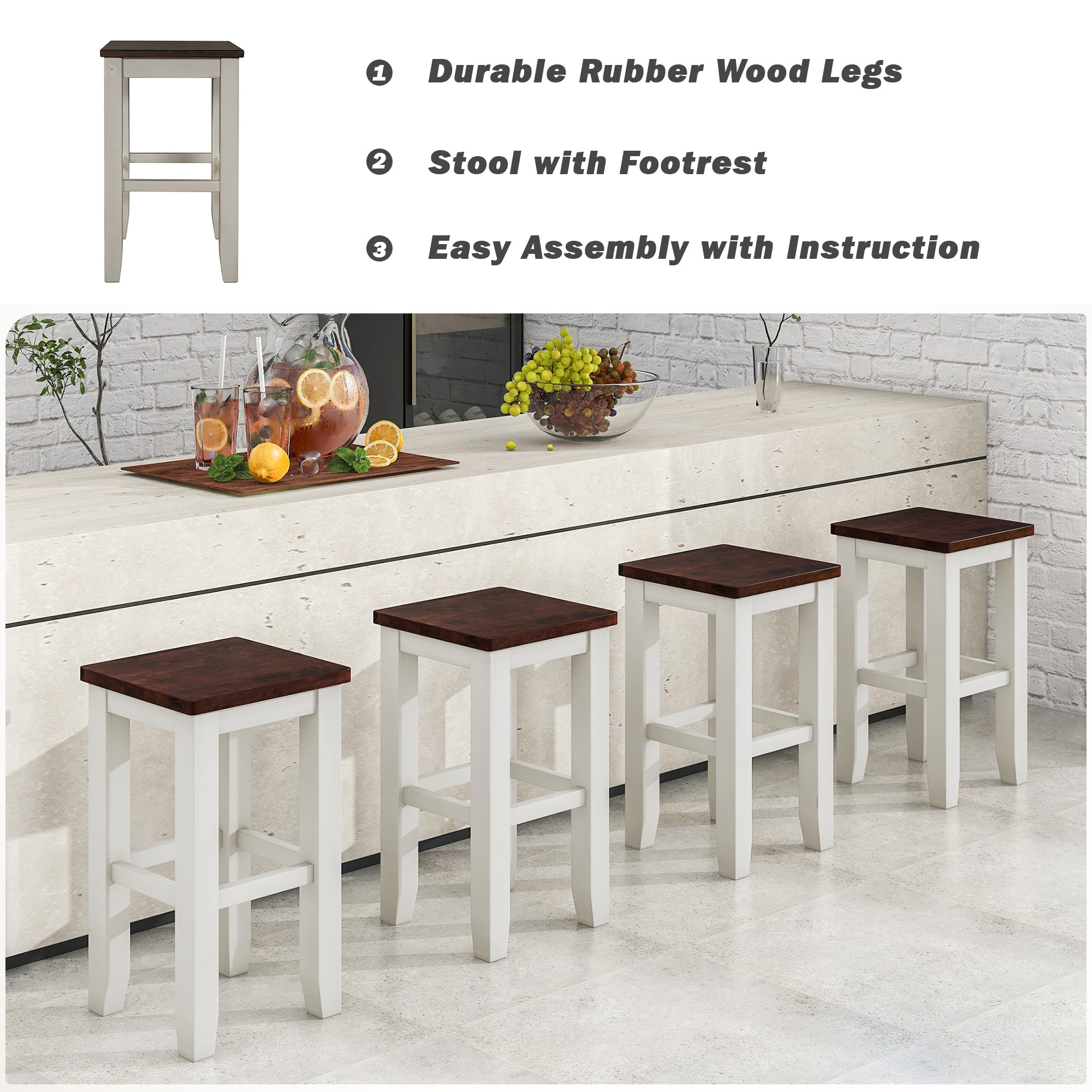 Farmhouse Counter Height Dining Stools with Footrest (Set of 4) - White