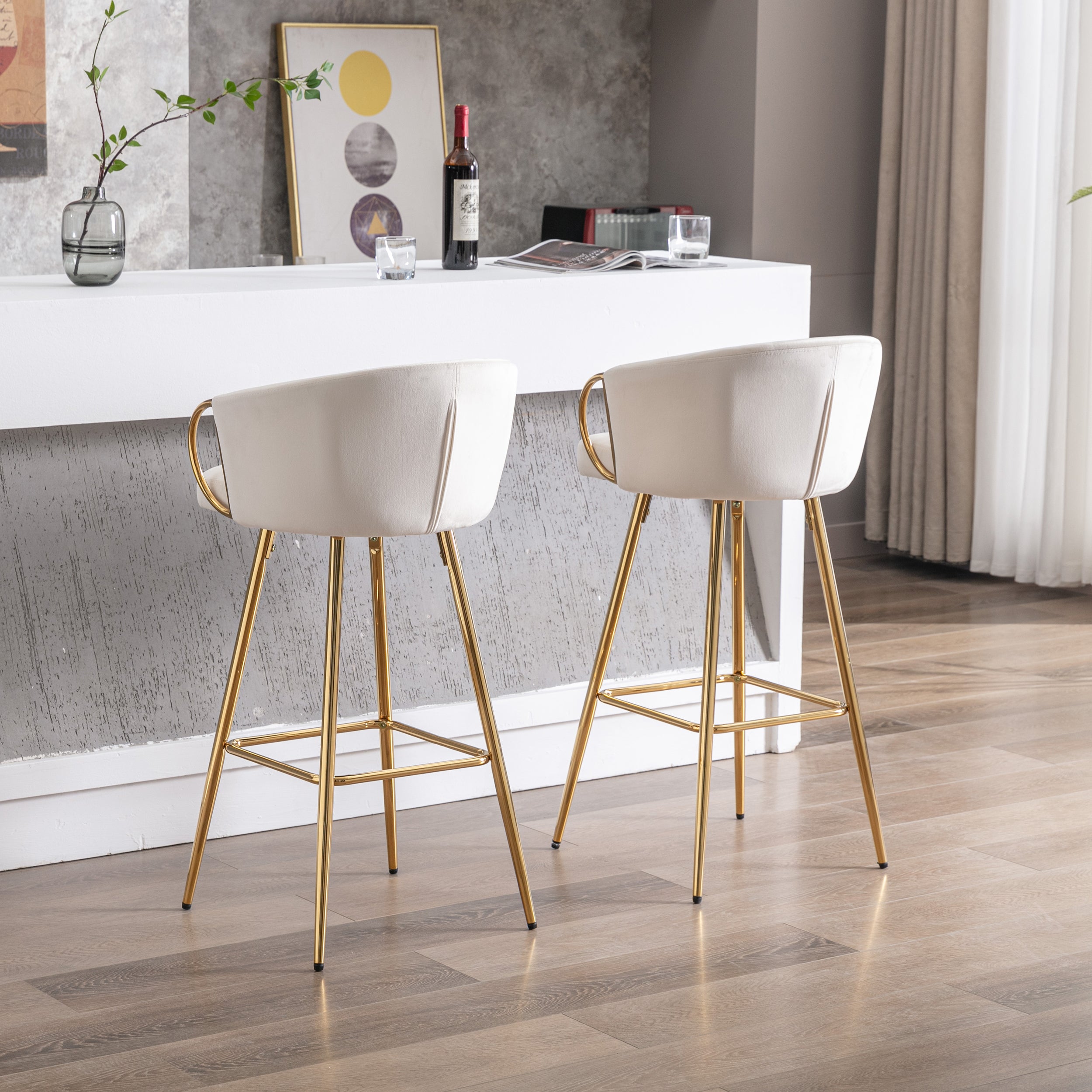 26 Inch Set of 2 Bar Stools, with Chrome Footrest and Base Velvet + Golden Leg Simple Bar Stool - Cream