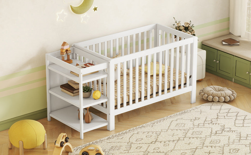 Convertible Crib/Full Size Bed with Changing Table - White