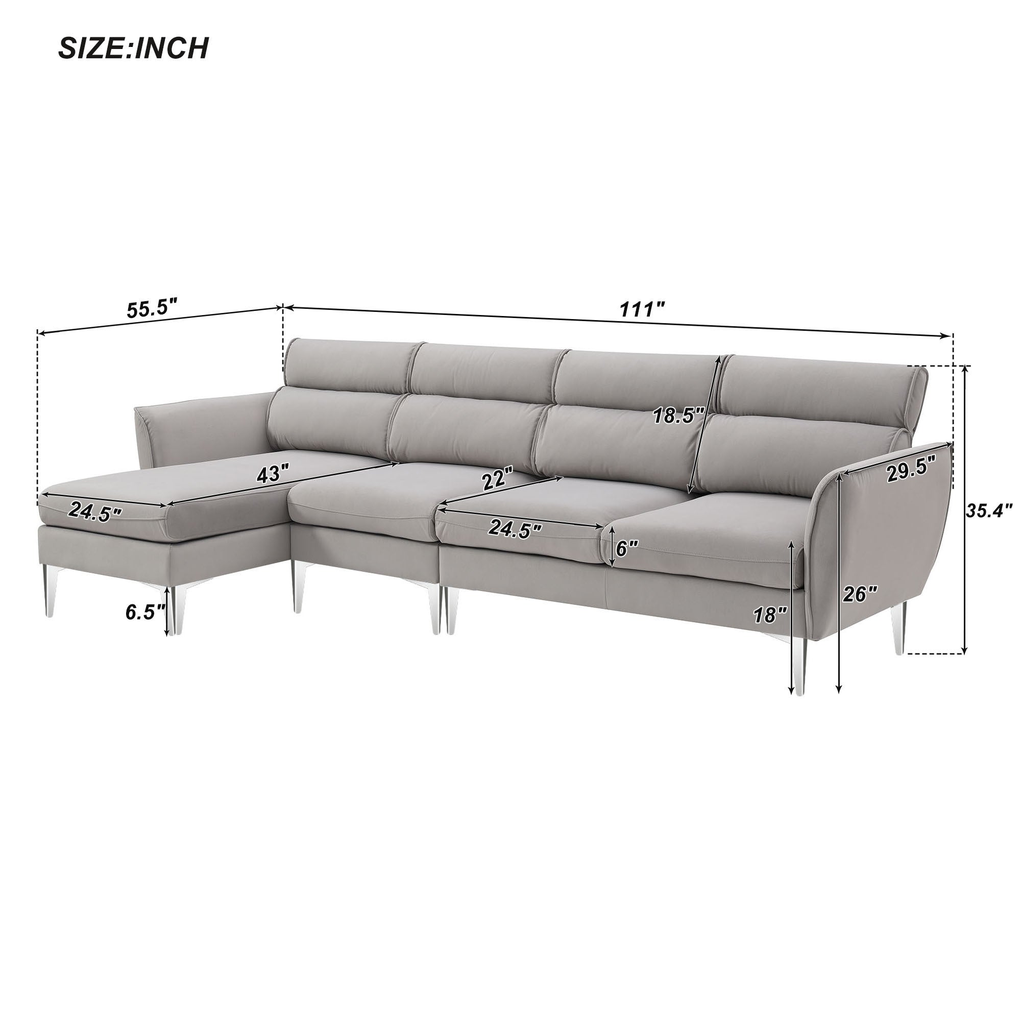 111 " Convertible Sectional Sofa Couch , Flannel L Shape Furniture Couch with Chaise Left/Right Handed Chaise - Gray