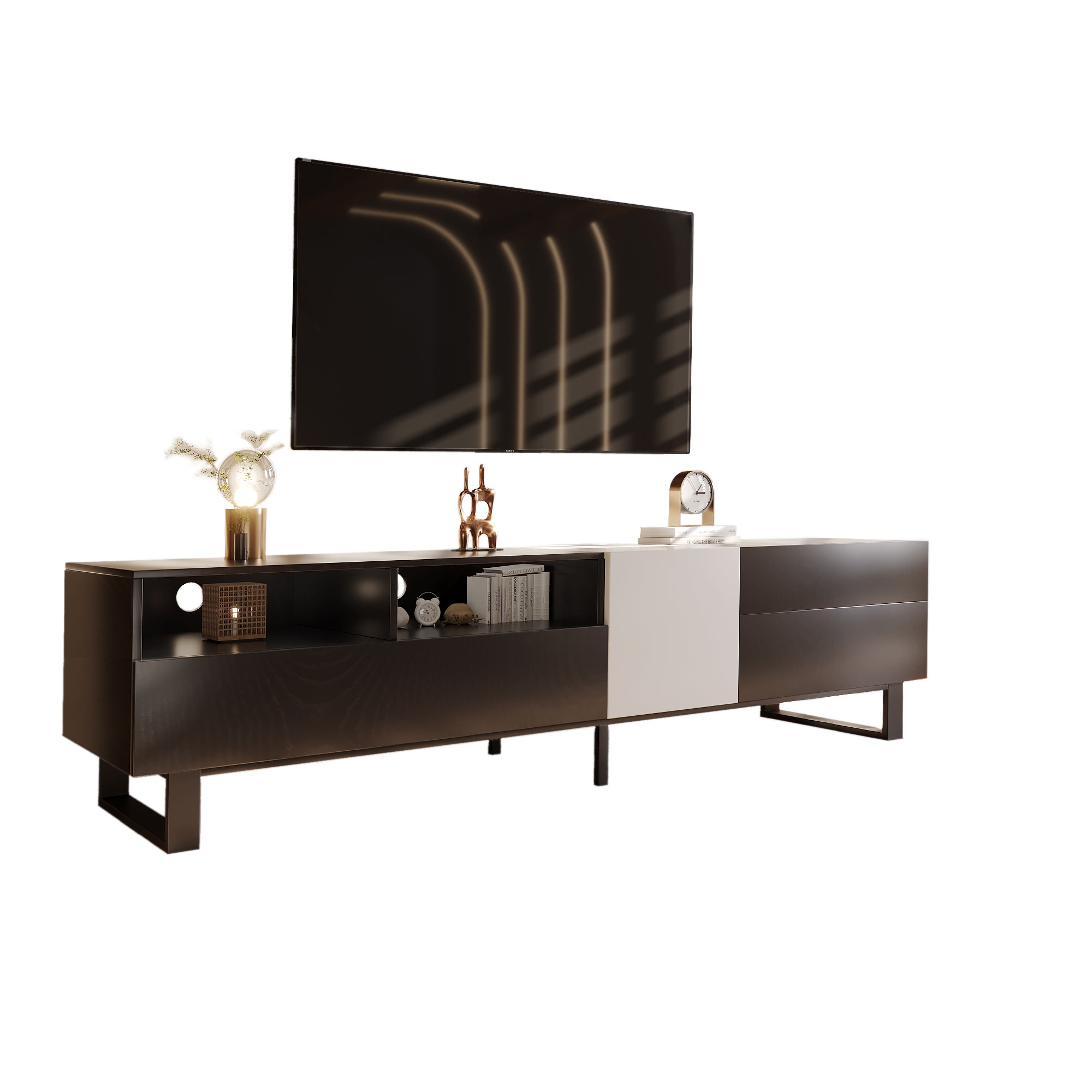 Modern TV Stand for 80'' TV with Double Storage Space, Media Console Table - Black