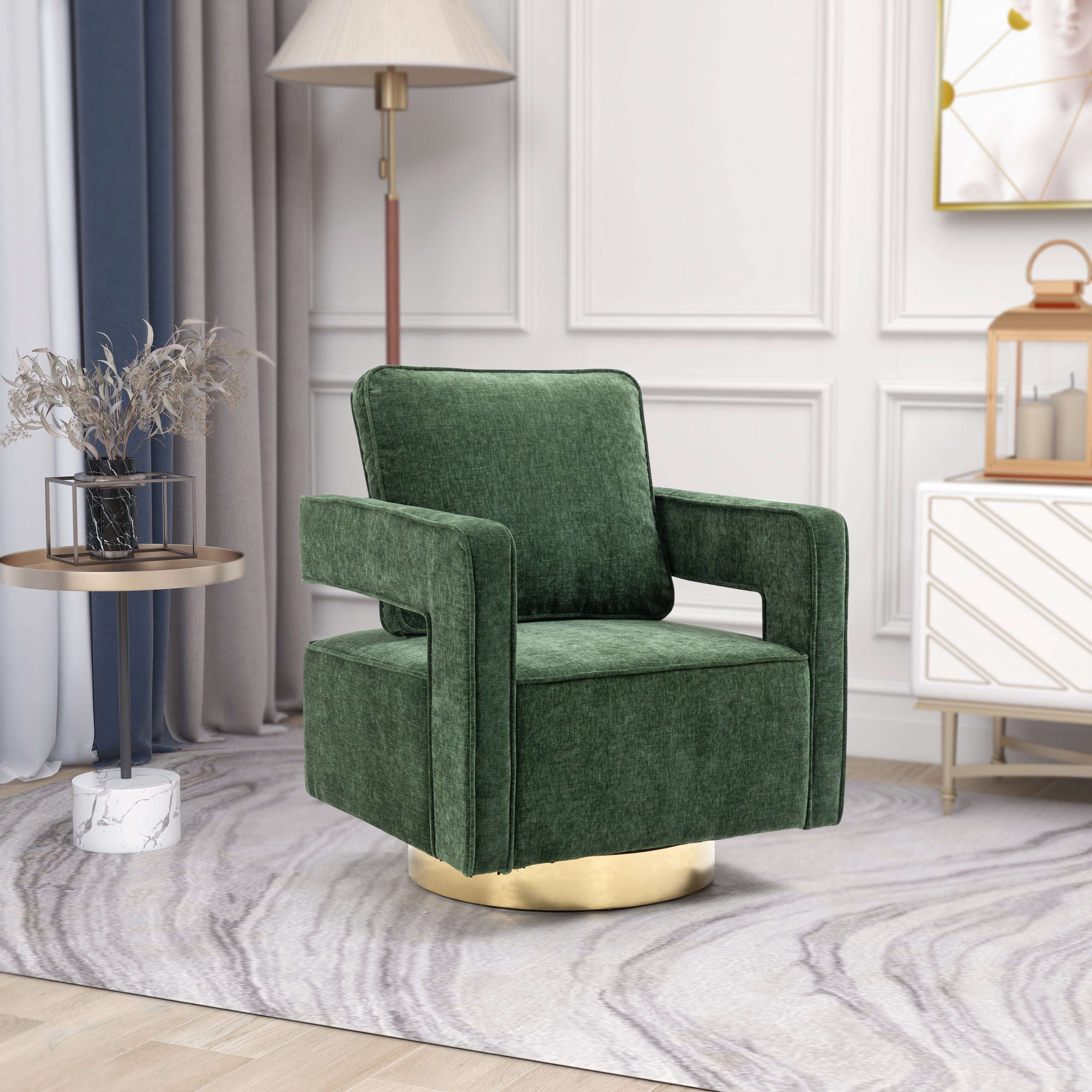 30.7"W Swivel Accent Open Back Chair Modern Comfy Sofa Chair With Gold Stainless Steel Base - Green Chenille