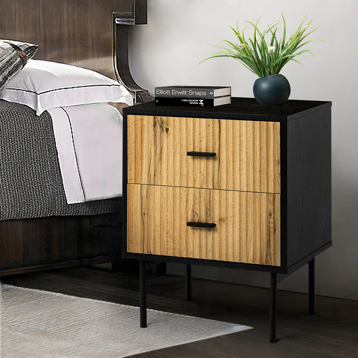 2-Drawer Nightstand - Black Metal & Wood