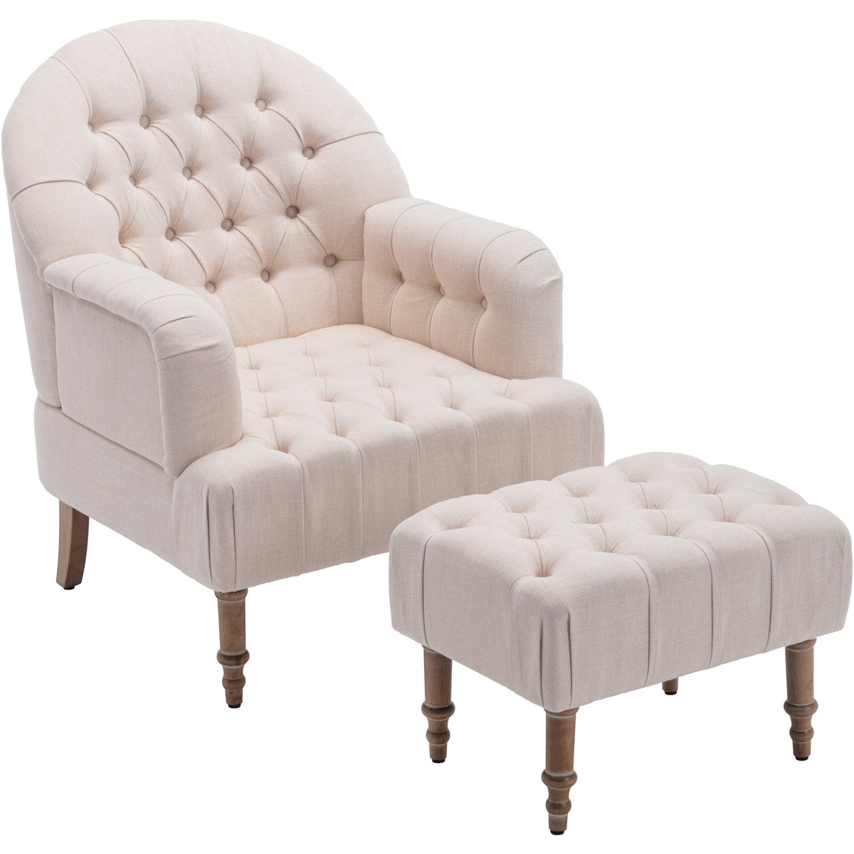 Accent Button-Tufted Upholstered Chair Set with Linen Fabric and Ottoman - Beige