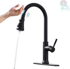 FLG Touch-On Kitchen Faucet with Pull Down Sprayer Single Handle Brass Touch Activated Kitchen Sink Faucet with 2-Way Pull Out Sprayer - Matte Black