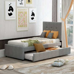 Twin Size Linen Upholstered Platform Bed With Headboard and Trundle - Grey