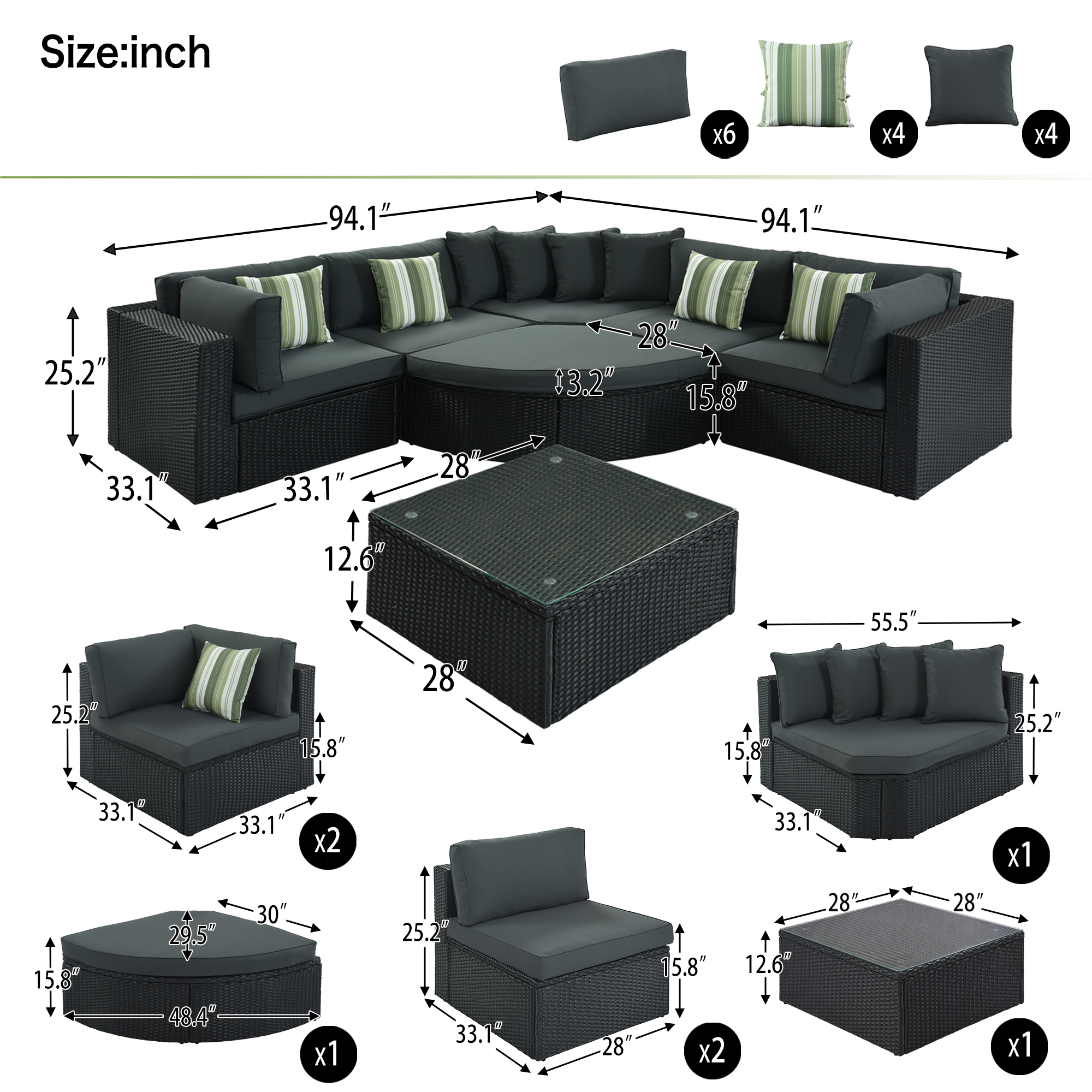 7-piece Outdoor Wicker Sofa Set, Rattan Sofa Lounger, With Striped Green Pillows- Black Wicker + Gray Cushion