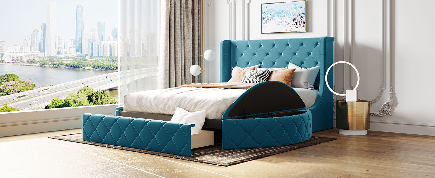 Queen Size Bed Storage with Wingback Headboard and 1 Big Drawer 2 Side Storage Stool - Velvet Blue