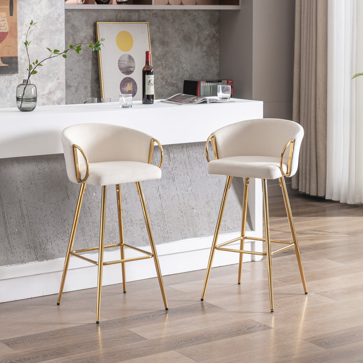 26 Inch Set of 2 Bar Stools, with Chrome Footrest and Base Velvet + Golden Leg Simple Bar Stool - Cream