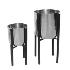 Iron Plant Stand with Bowl Shape and Tubular Metal Frame (Set of 2) - Silver and Black