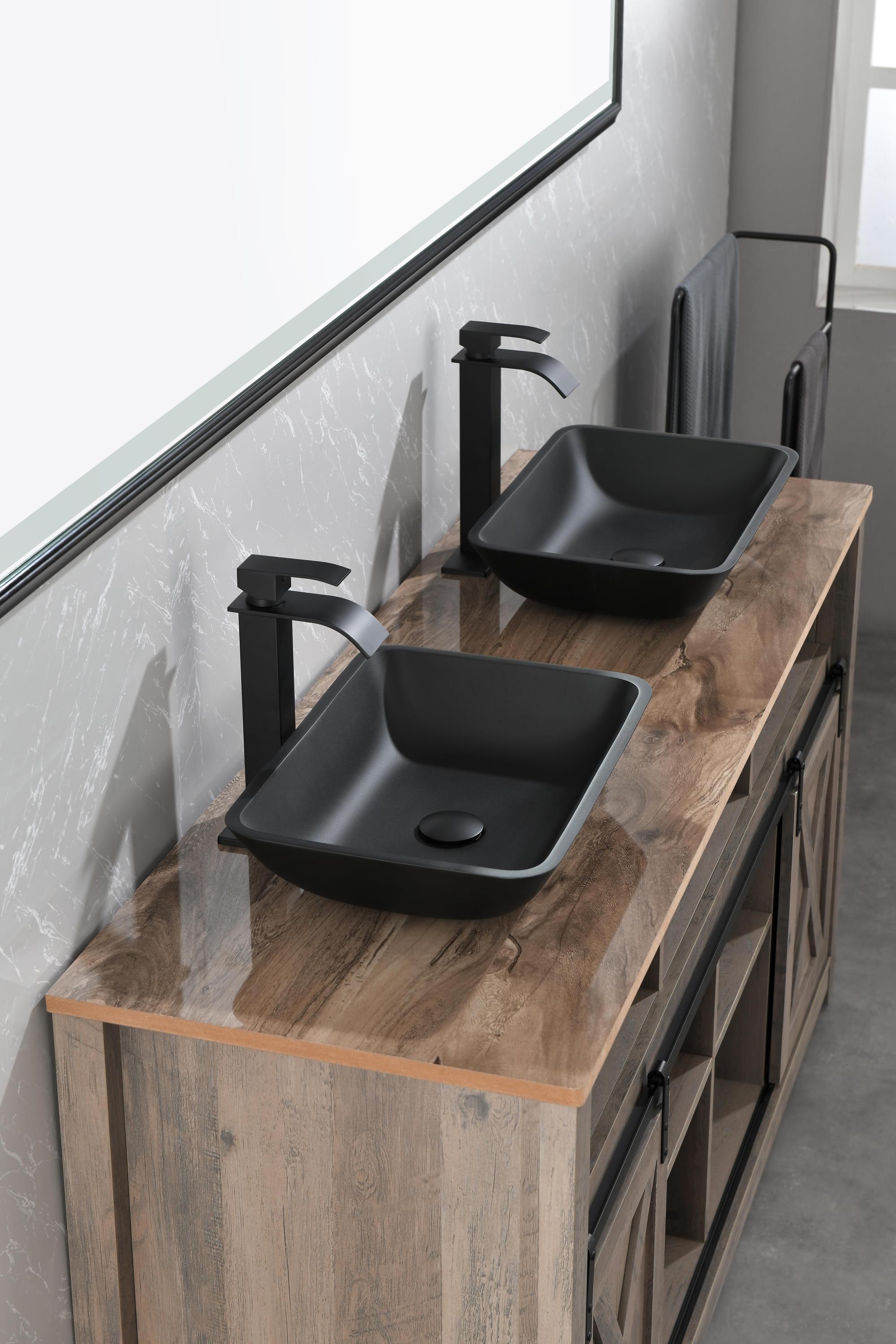 Matte Shell Glass Rectangular Vessel Bathroom Sink in Black with Matte Black Faucet and Pop-Up Drain in Matte Black 13.0" L -18.13" W -4" H