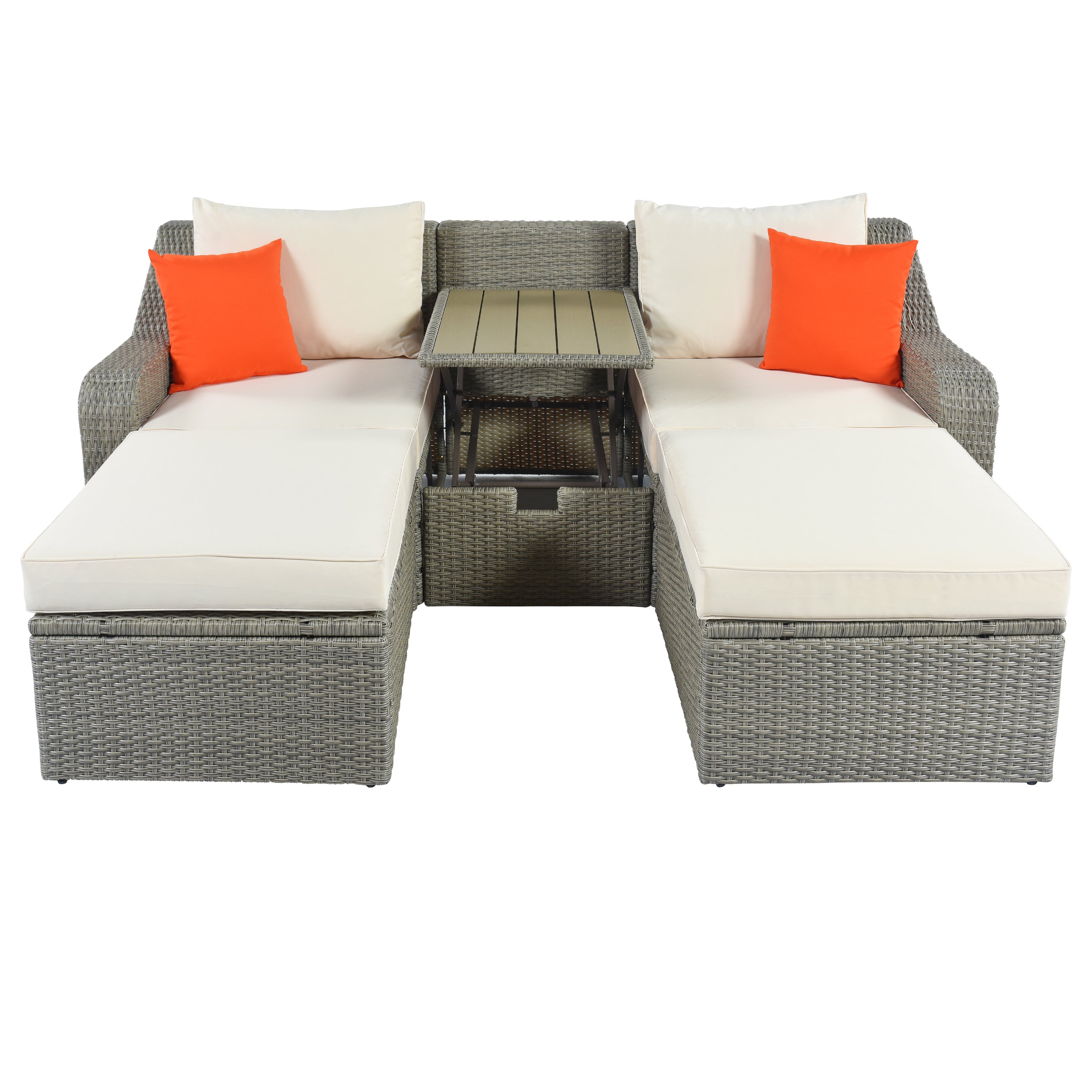 Patio Furniture Sets, 3-Piece Patio Wicker Sofa with  Cushions, Pillows, Ottomans and Lift Top Coffee Table - Beige