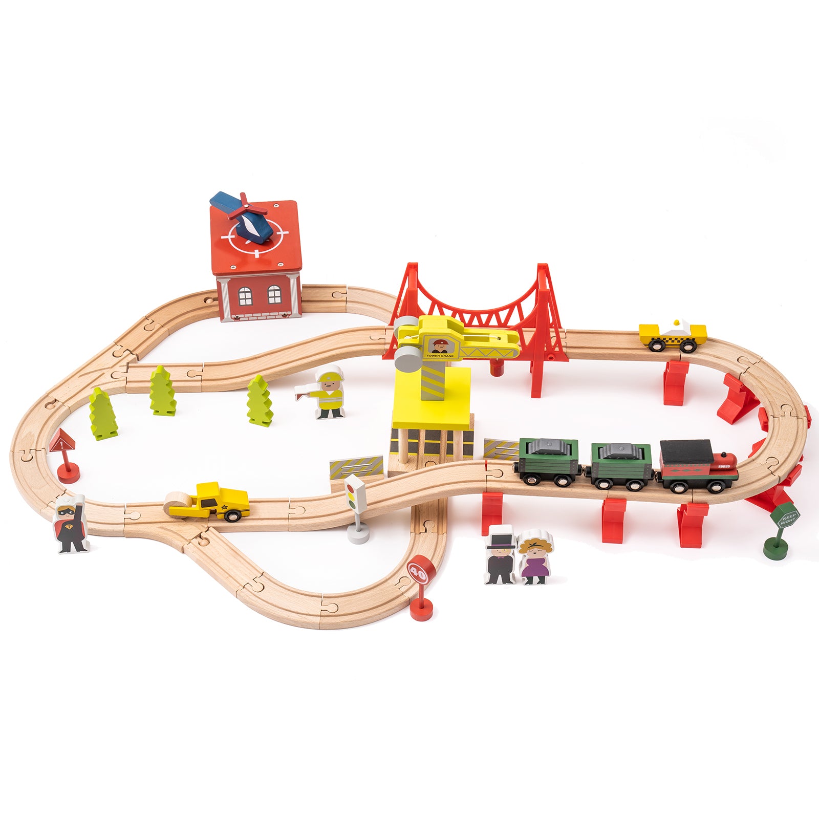 Wooden Train Track Set with Magnetic Trains Bridge Ramp Toy for Kids