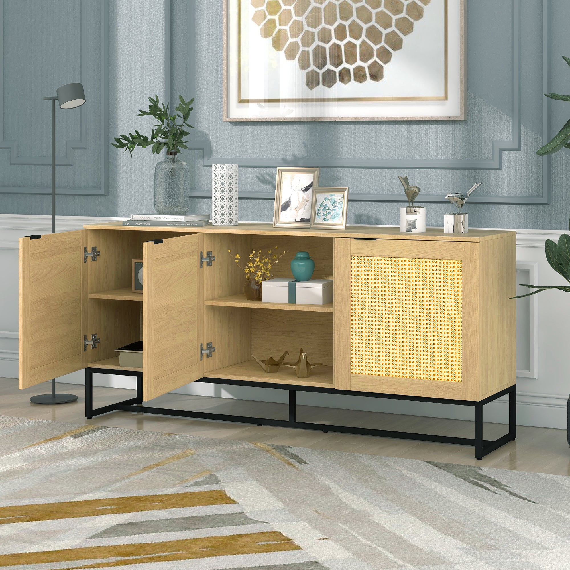 Wicker Sideboard Storage Cabinet 63 inch, with 3 doors - Natural color