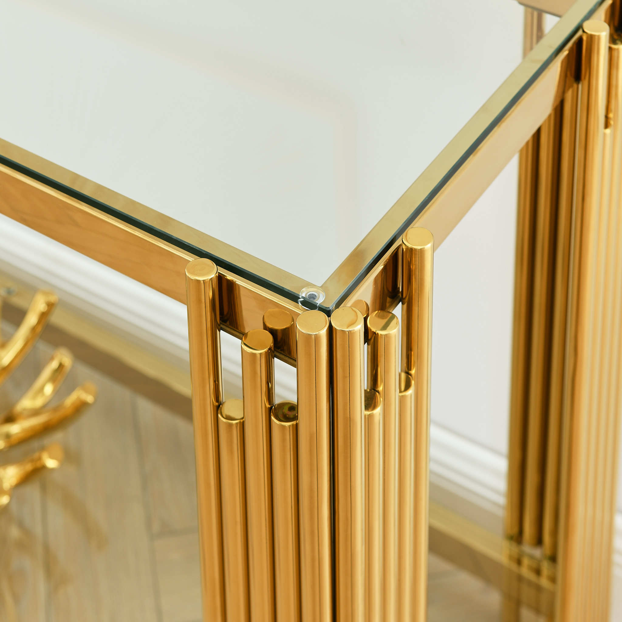 Modern Glass Console Table with Sturdy Metal Frame and Clear Tempered Glass Top - Gold Finish