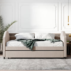 Full Daybed with Twin Size Trundle, Wood Slat Support - Beige