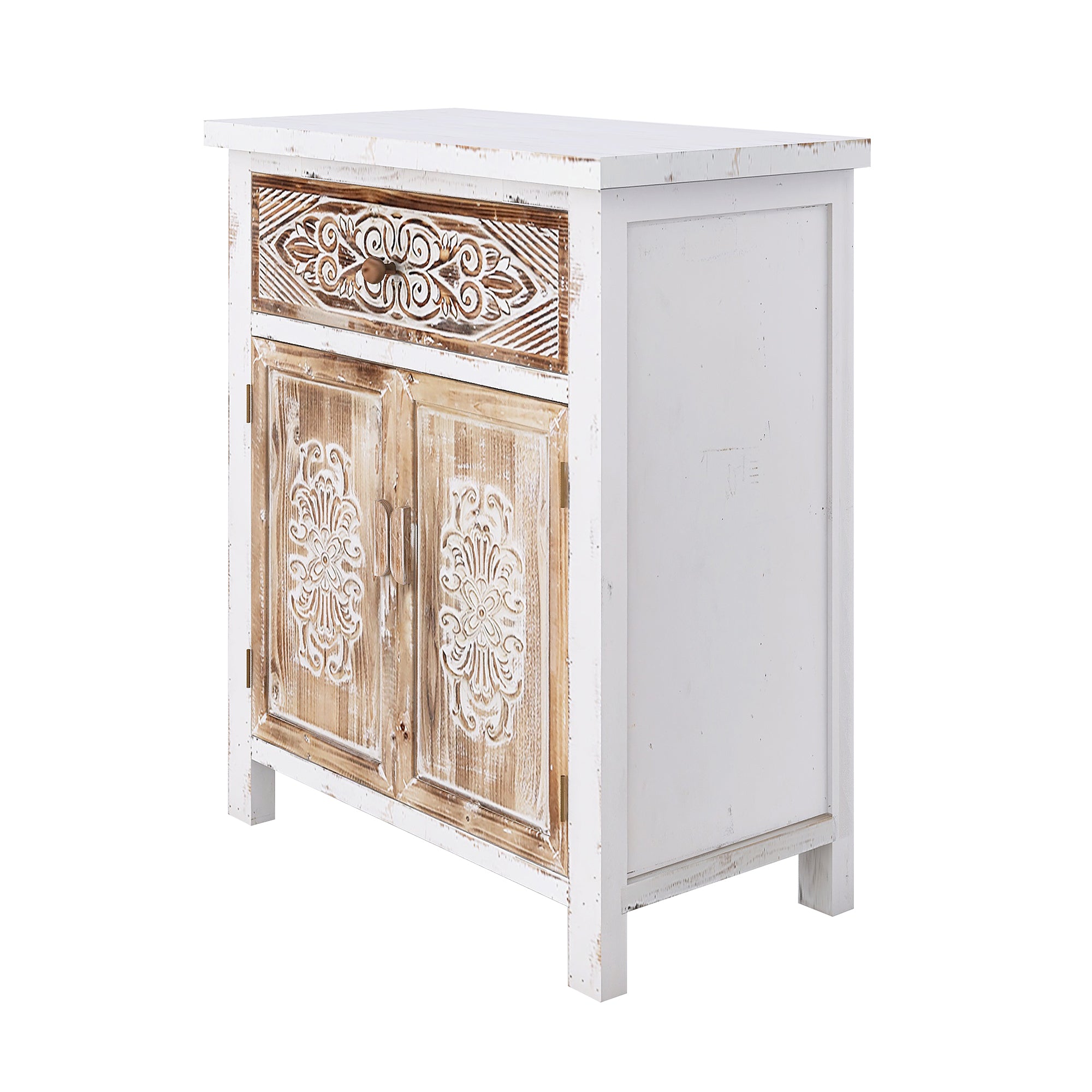Rustic Wood Carved Cabinet with 1 Drawer and 2 Doors Vintage Accent