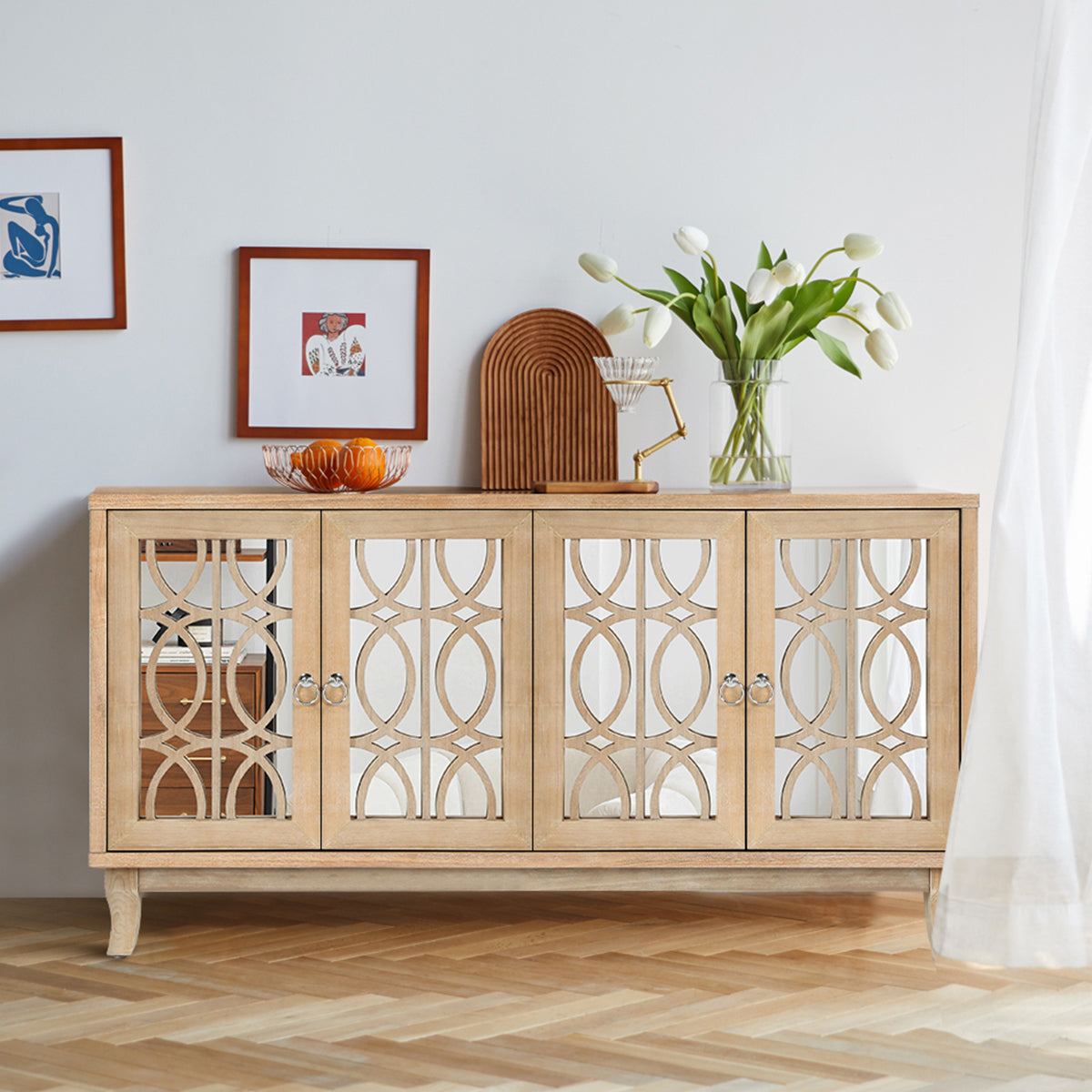 Mirrored door, Wooden Sideboard Side Table Accent Storage Cabinet - Wood yellow