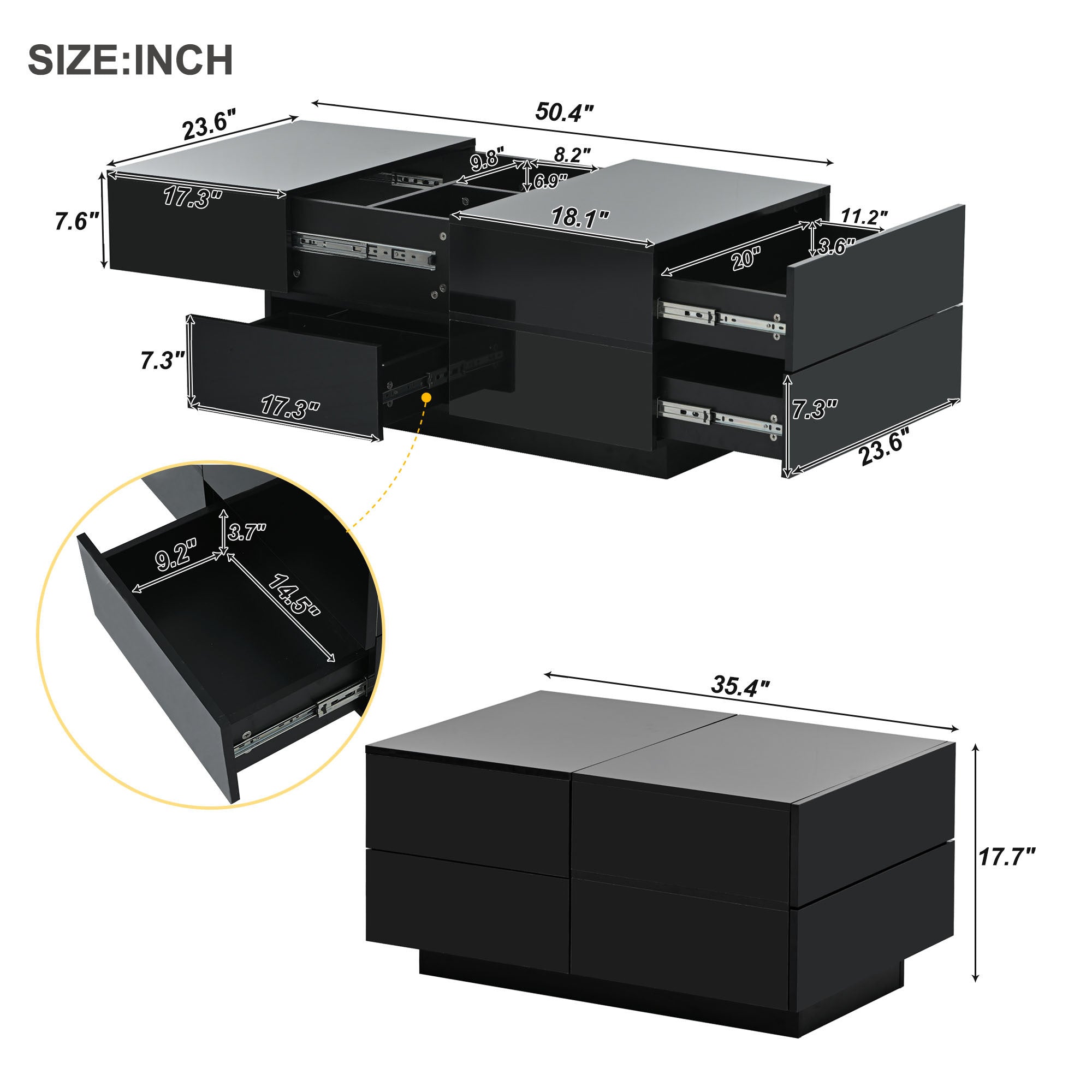 Extendable Coffee Table with Hidden Storage Compartment, UV High-gloss Center Table with Sliding Top - Black