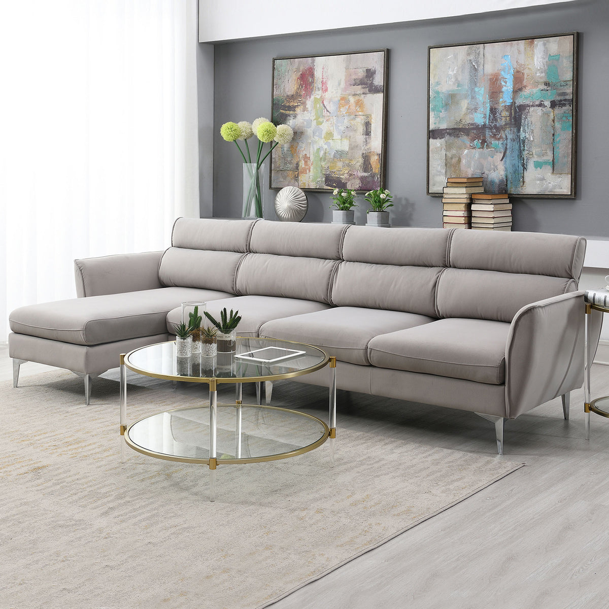 111 " Convertible Sectional Sofa Couch , Flannel L Shape Furniture Couch with Chaise Left/Right Handed Chaise - Gray