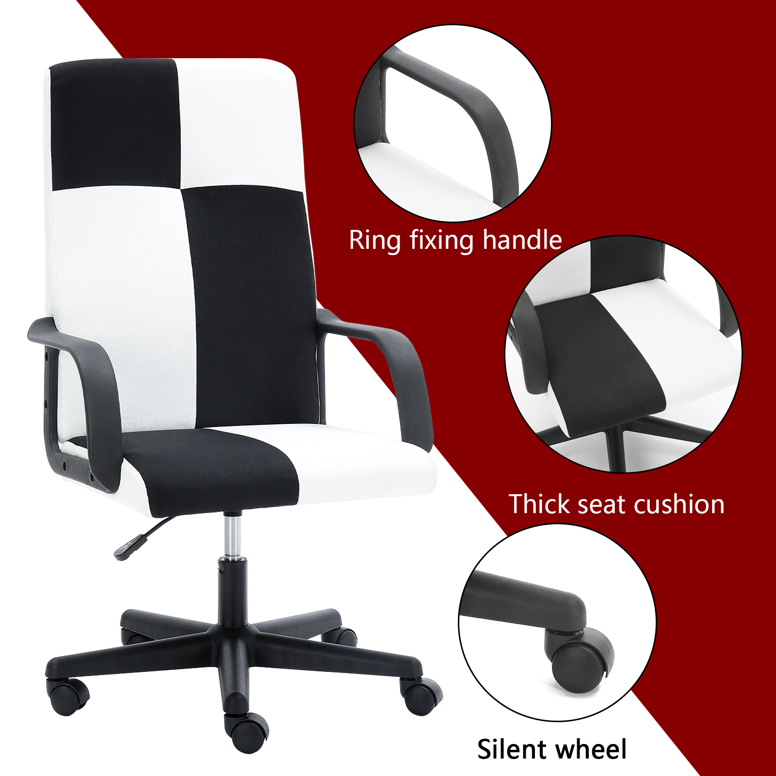 Chessboard office chair with adjustable backrest armrest- Black and White