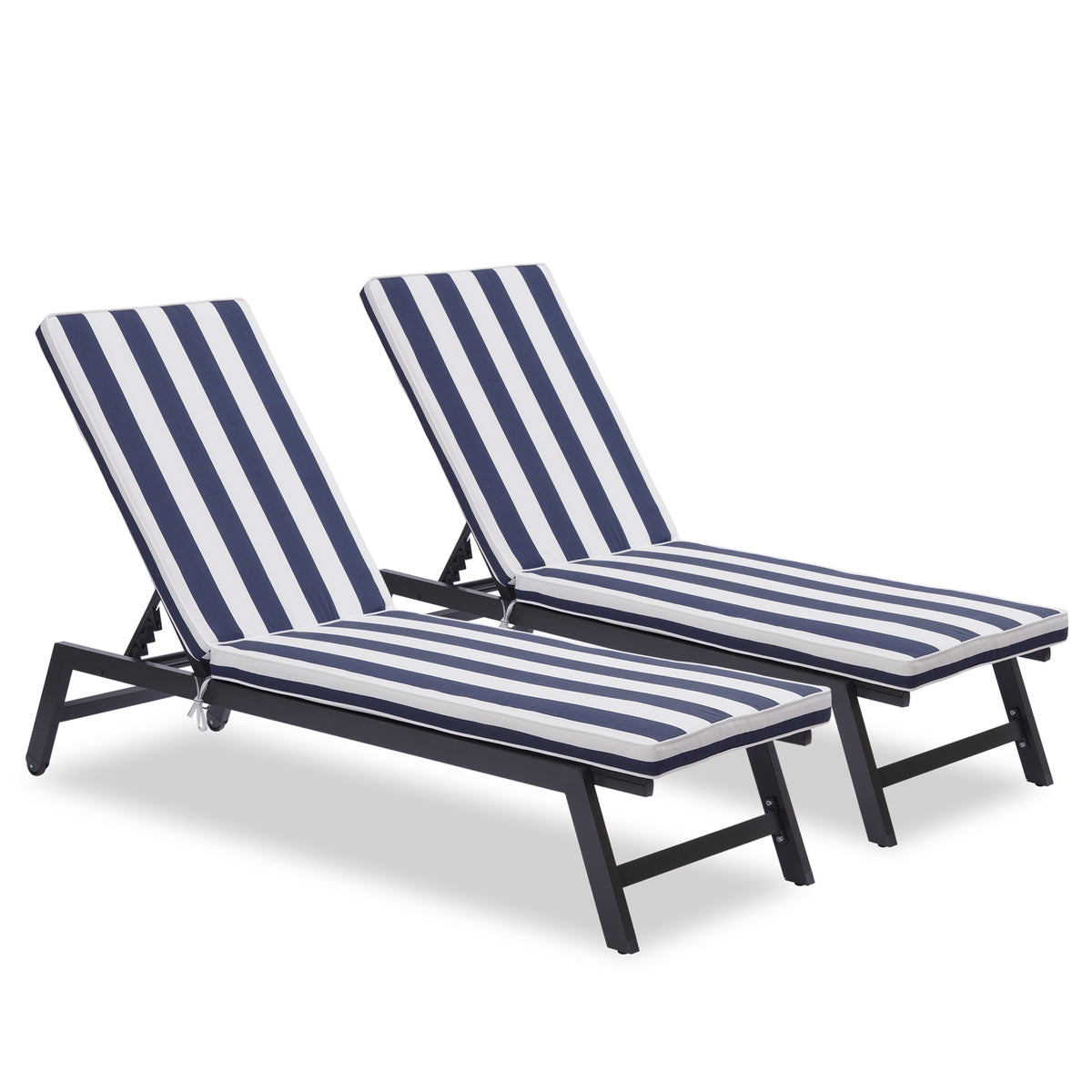 French Provencal Style Outdoor Chaise Lounge Set With Cushions, Five-Position Adjustable Aluminum Recliner, All Weather - Gray+ Blue White Stripes