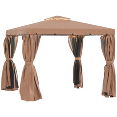 10'x10' Patio Gazebo, Outdoor Gazebo Canopy Shelter with Double Vented Roof, Netting and Curtains, for Garden, Lawn, Backyard and Deck - Brown