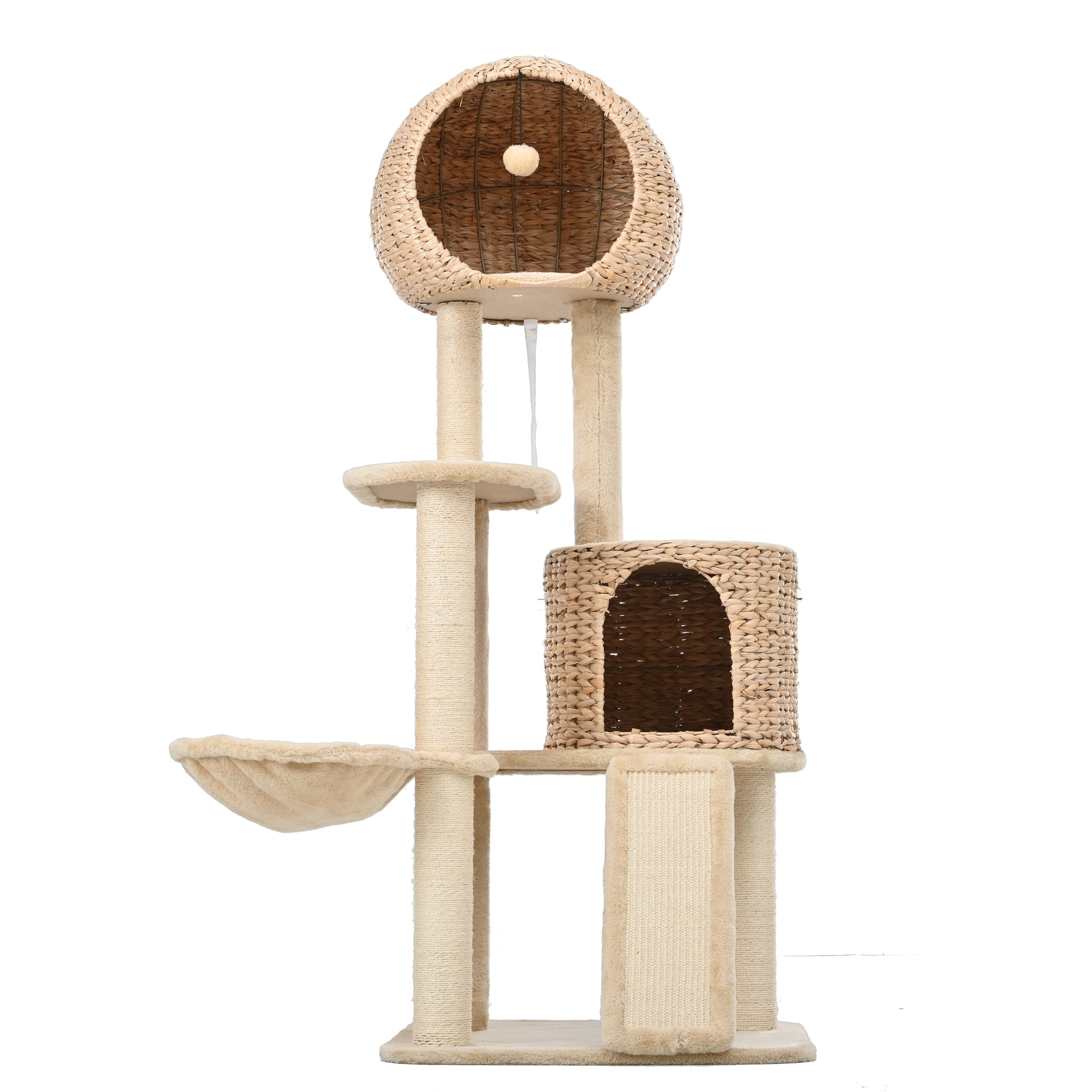 Cat Tree, 59-Inch Cat Tower for Indoor Cats, Plush Multi-Level Cat Condo with 2 Perches, 2 Caves, Cozy Basket and Scratching Board - Beige