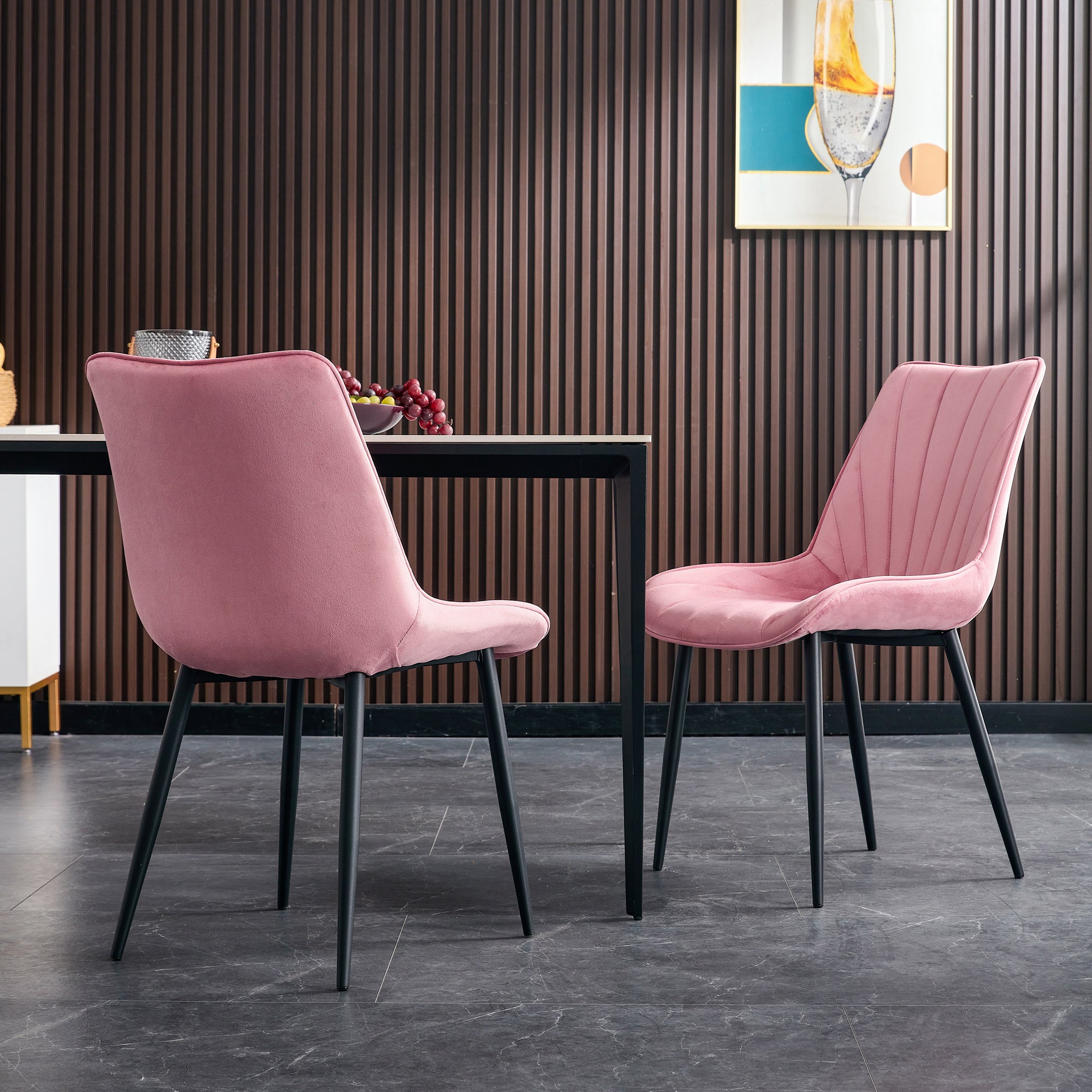 Modern Velvet Dining Chairs with Cushion Seat Back Black Coated Legs Upholstered (Set of 4) - Pink