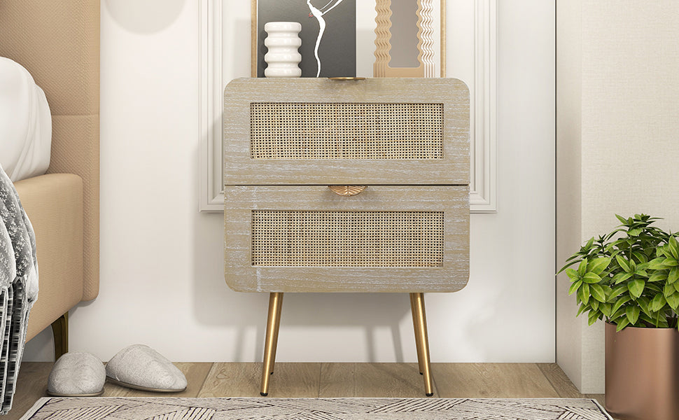 MICO Wooden Nightstand with Rattan Panel